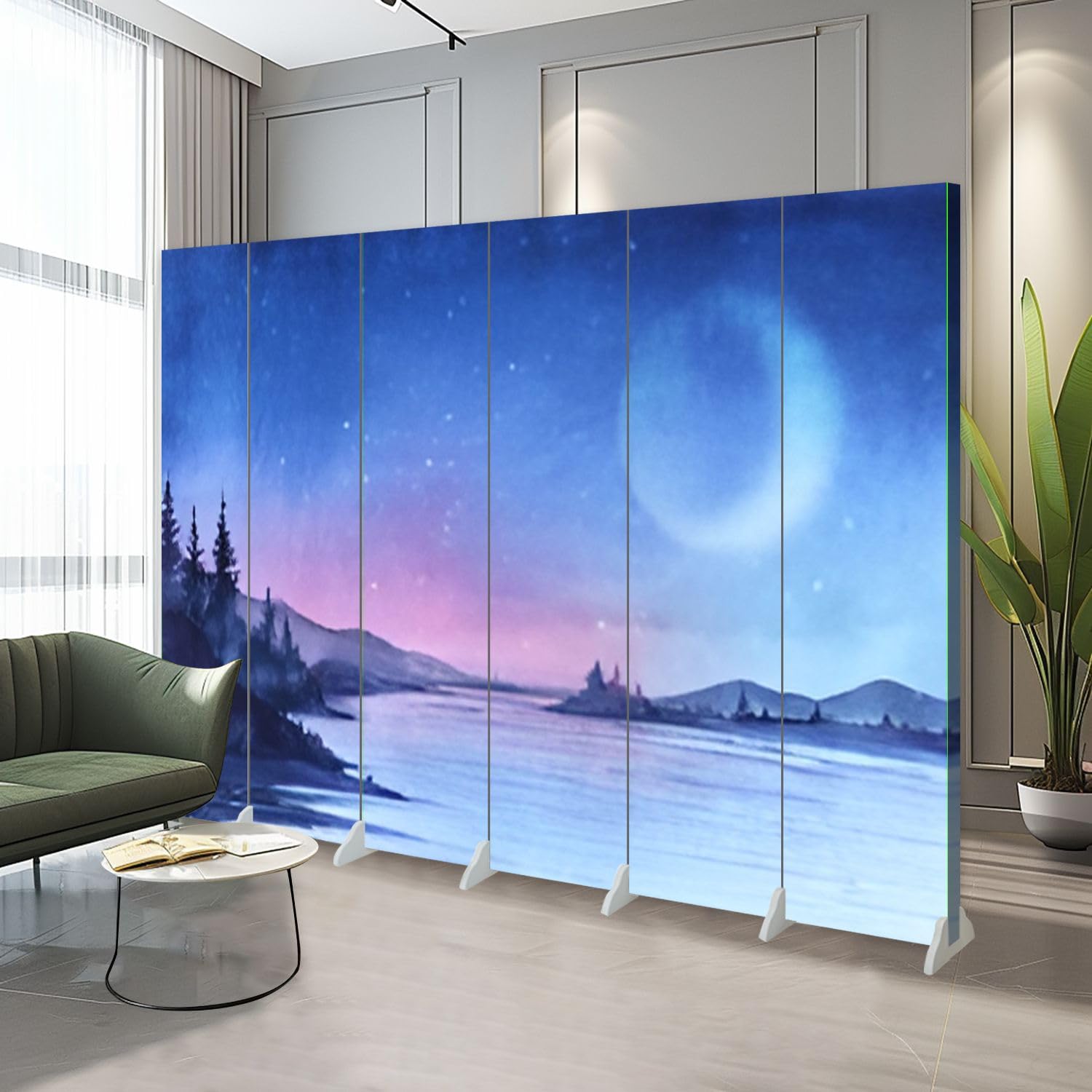 6-Panel Folding Room Divider with Evening Landscape Forest Lake Design - Freestanding Privacy Screen for Home Office, Bedroom Partition & Indoor Space Separator - Perfect for Creating Private Workspaces, Nursery Dividers, and Studio Protection