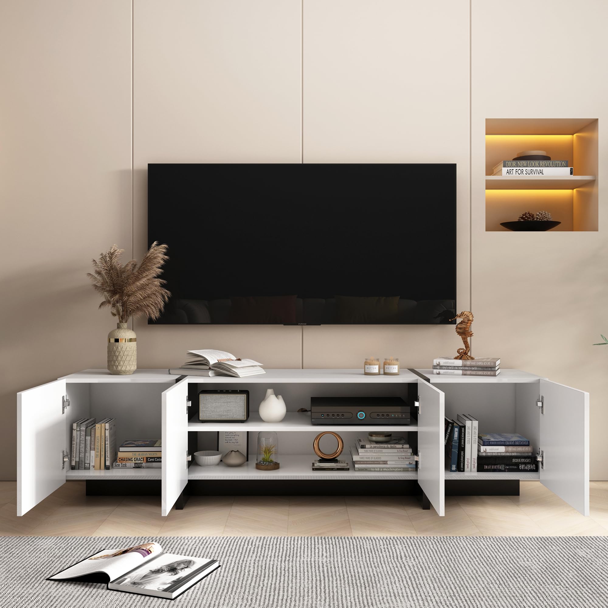 65-75 Inch Modern White TV Stand with Storage - Adjustable Hinge Entertainment Center for Living Room | Perfect for Home Theater Setup & Living Room Organization