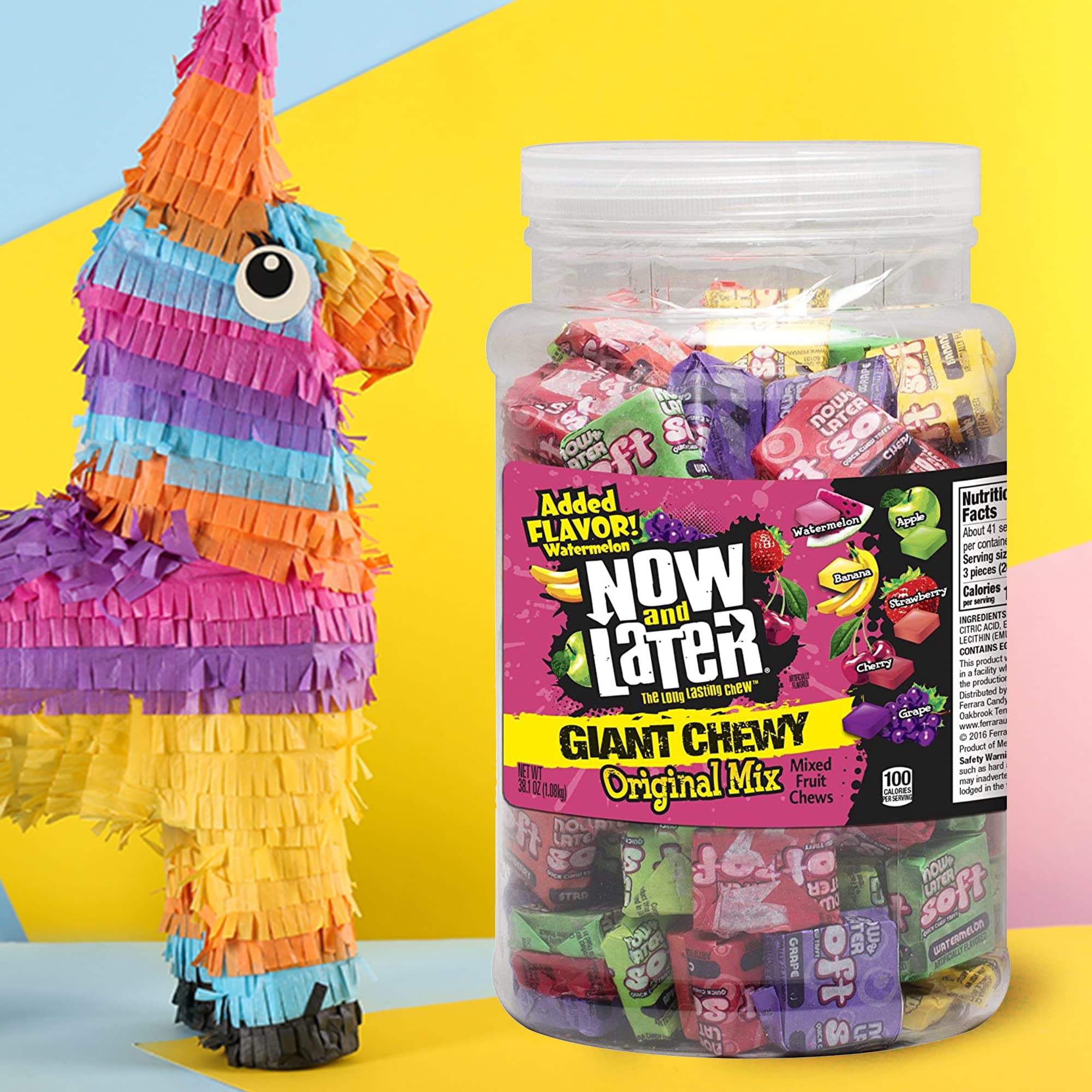Now and Later Giant Chewy Original Mix Fruit Candy - 38oz Bulk Tub | Long-Lasting Chewy Candy for Parties, Halloween Treats & Office Snacks