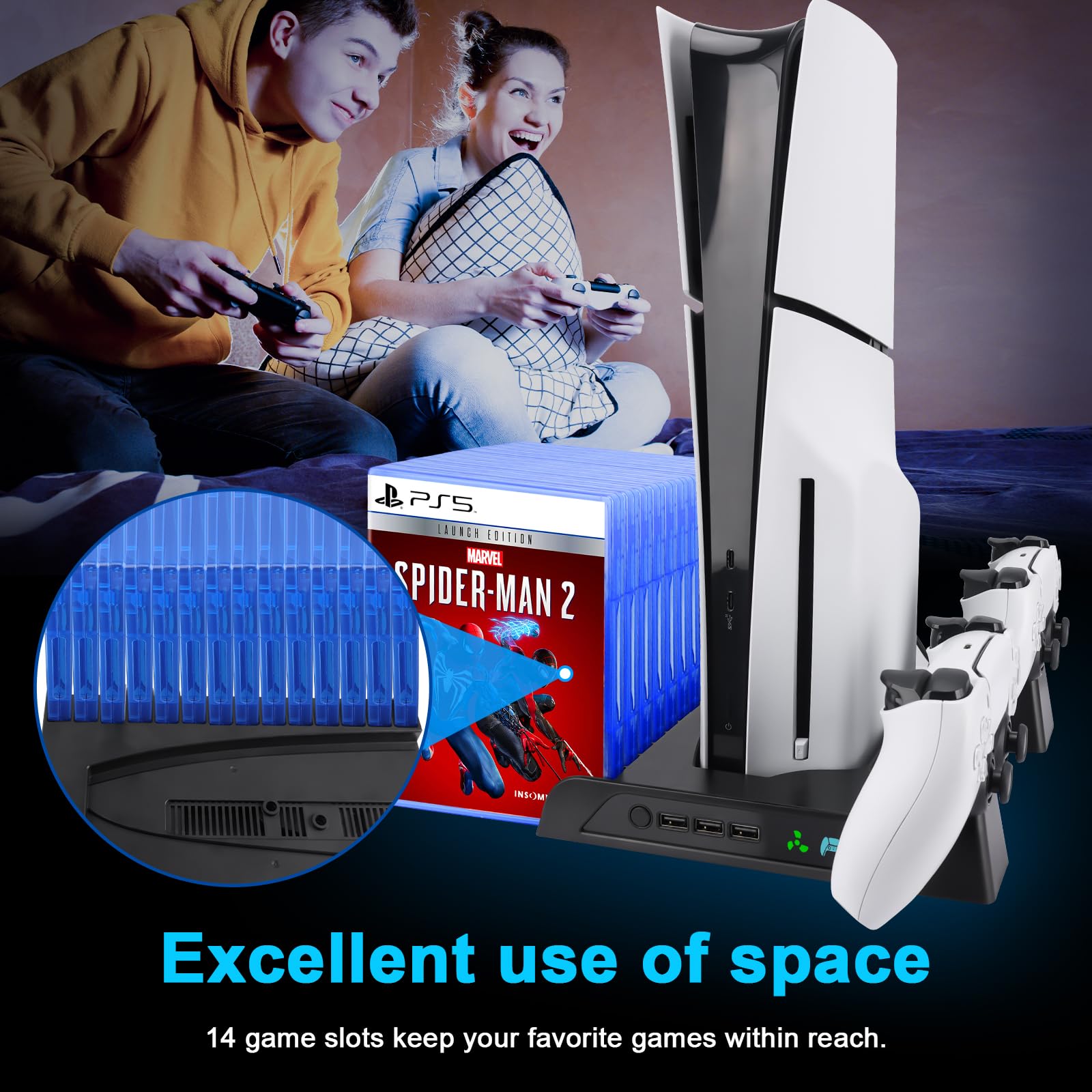 SIKEMAY PS5 Slim Stand Cooling Station with Dual Controller Charger - Vertical Stand for PlayStation 5 Slim with 2H Fast Charging, Silent Cooling Fan, 3 USB Hub, 14 Game Storage & 2 Headset Holder - Perfect for Gaming Setup & Accessories Organization (Black)