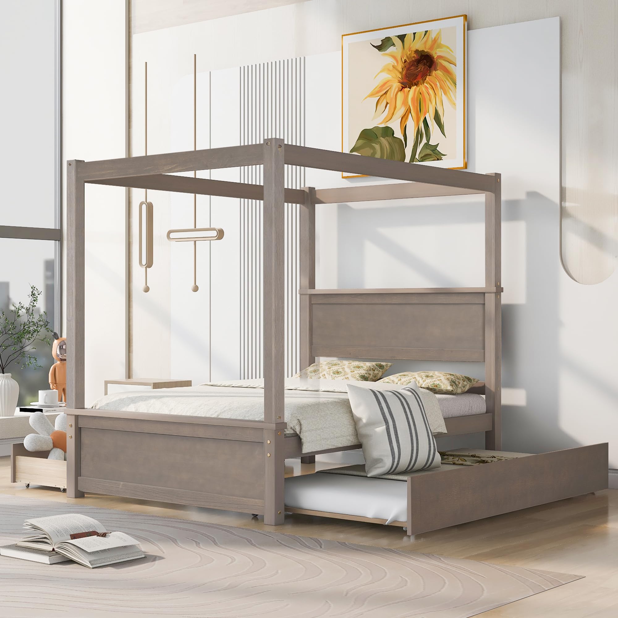 Full Size Wood Platform Bed Frame with Canopy, Trundle & 2 Drawers - Headboard & Footboard Included, No Box Spring Needed - Brushed Light Brown - Perfect for Kids' Bedroom, Girls & Boys Bed, Guest Room or Small Space