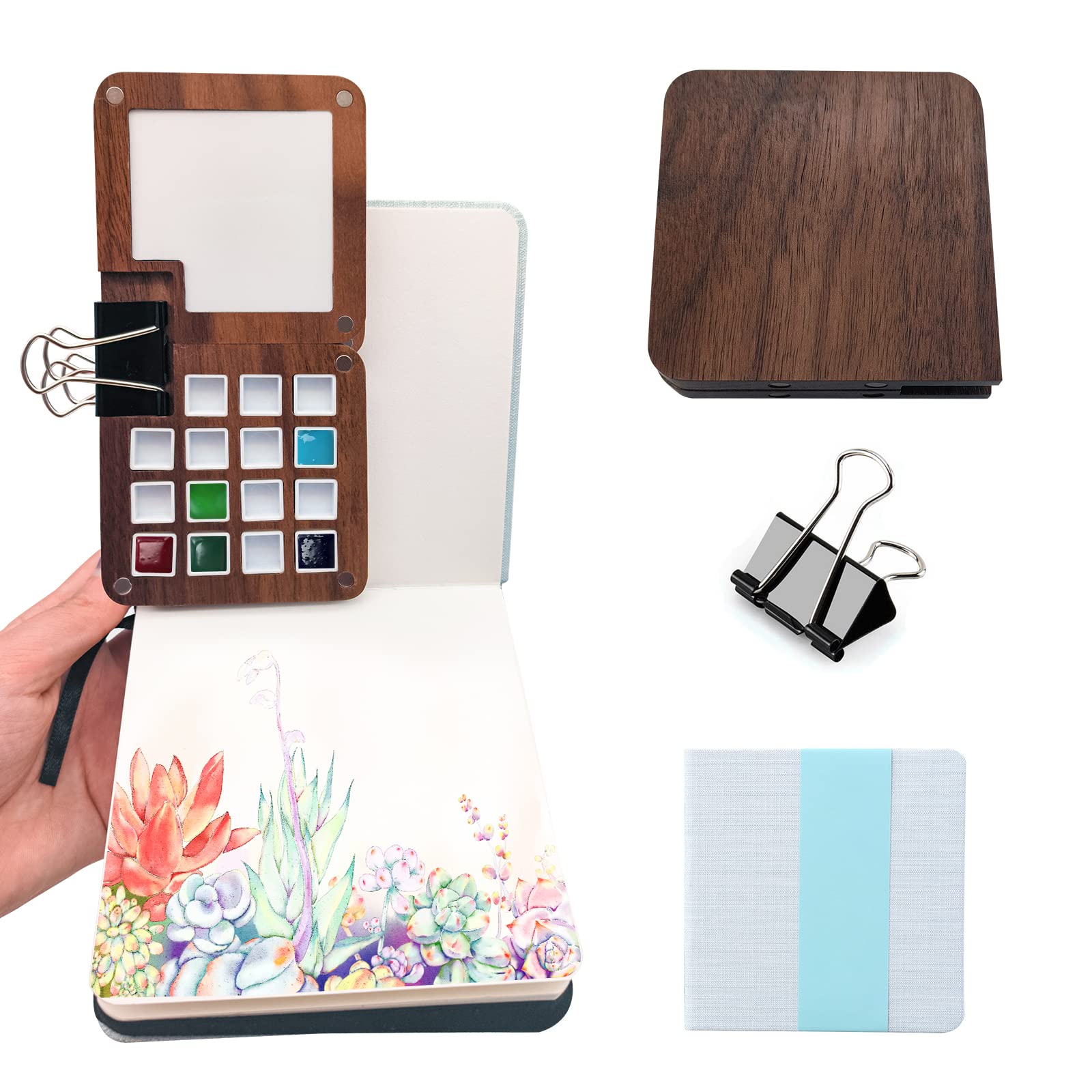 Mini Watercolor Palette Set - 15 Grid Wooden Travel Paint Box with Lid, Pocket Watercolor Book & Sketchbook - Perfect Gift for Artists, Painters & Beginners | Portable for Outdoor Painting, Urban Sketching & Art Class Supplies