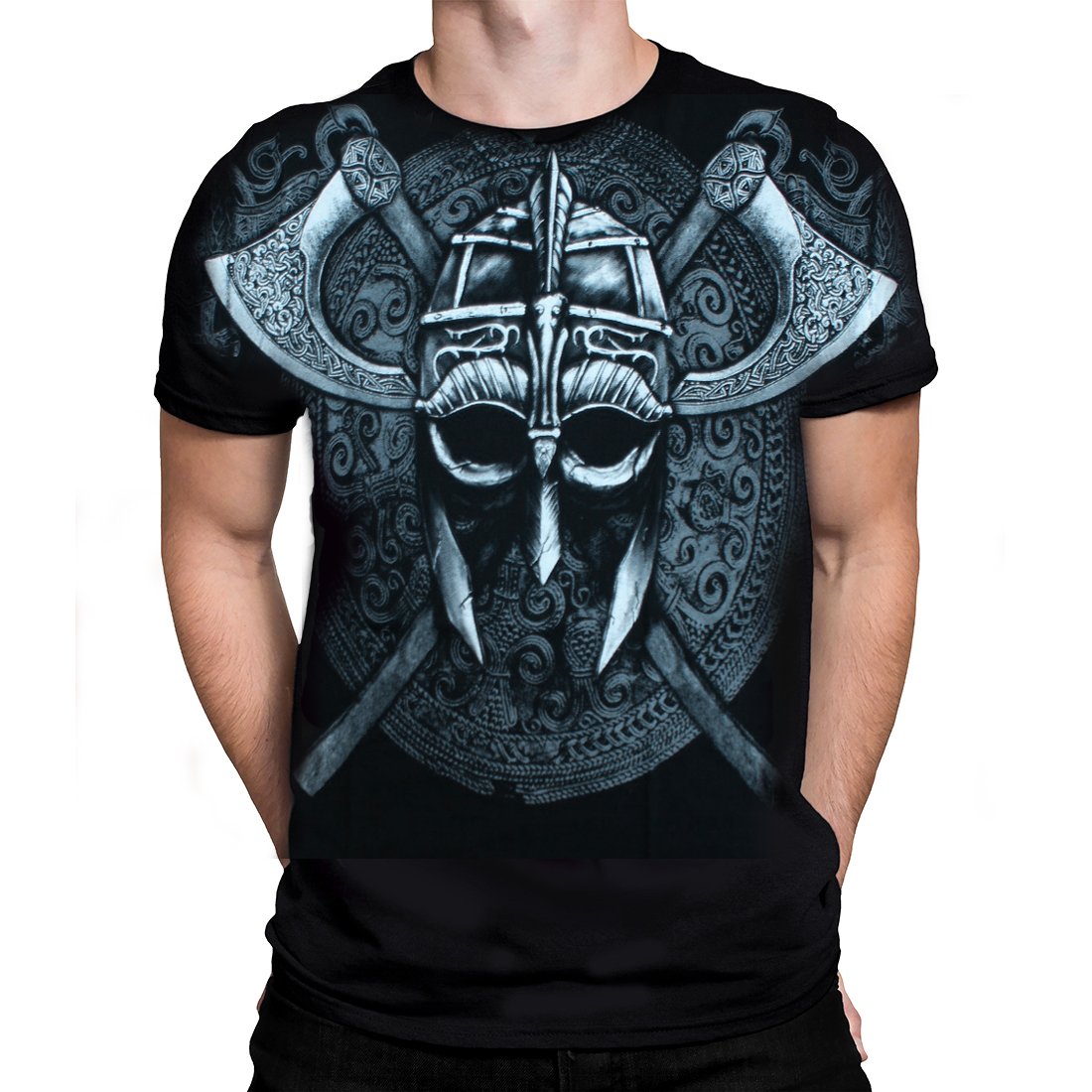 Viking Helmet Graphic T-Shirt for Men - Norse Warrior Costume & LARP Cosplay - Perfect for Viking Festivals, Halloween, and Medieval Reenactments