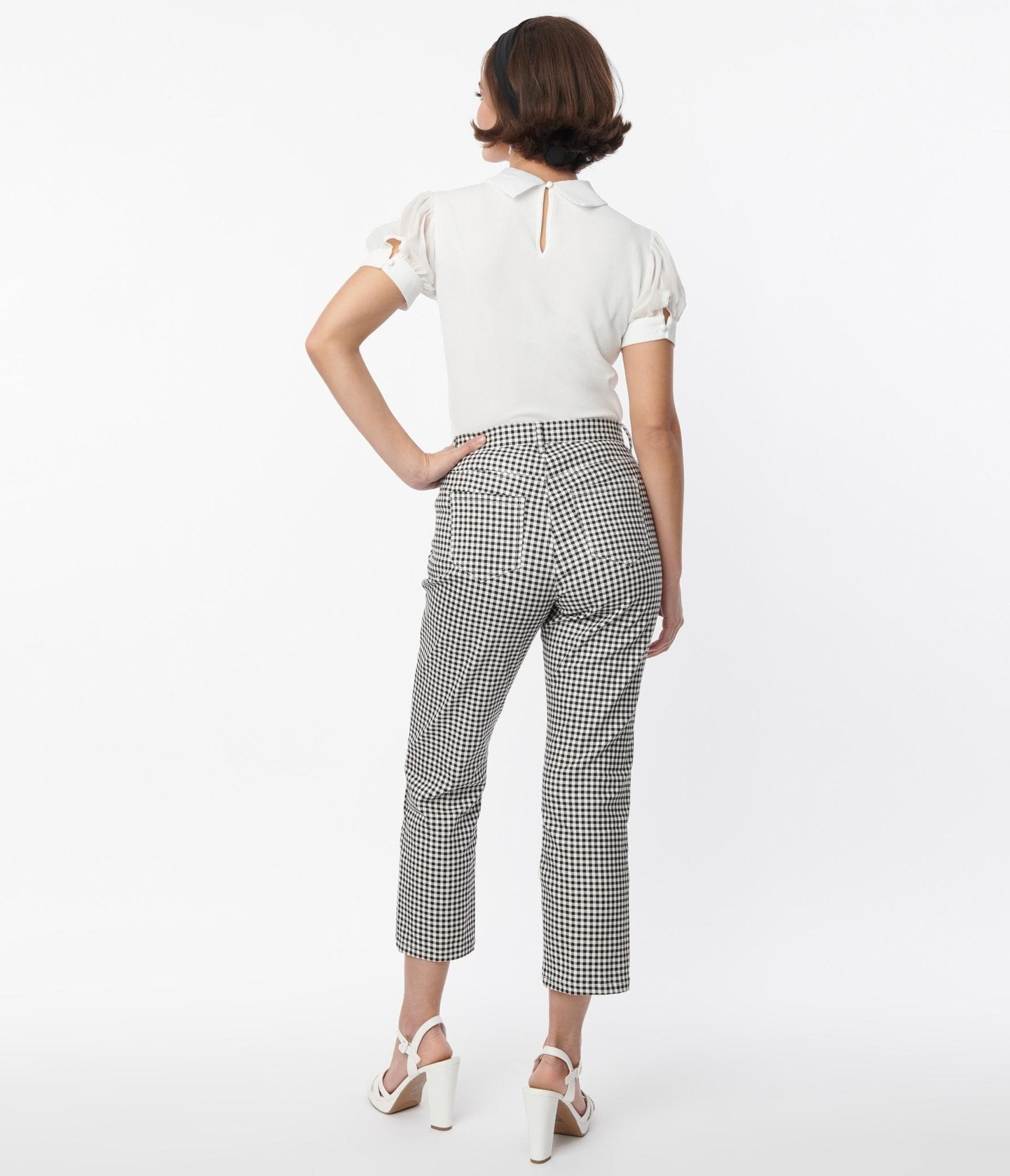 Smak Parlour Black & White Gingham High Rise Capri Pants - Women's Stretch Cotton Casual Summer Cropped Pants for Beach, Vacation & Everyday Wear