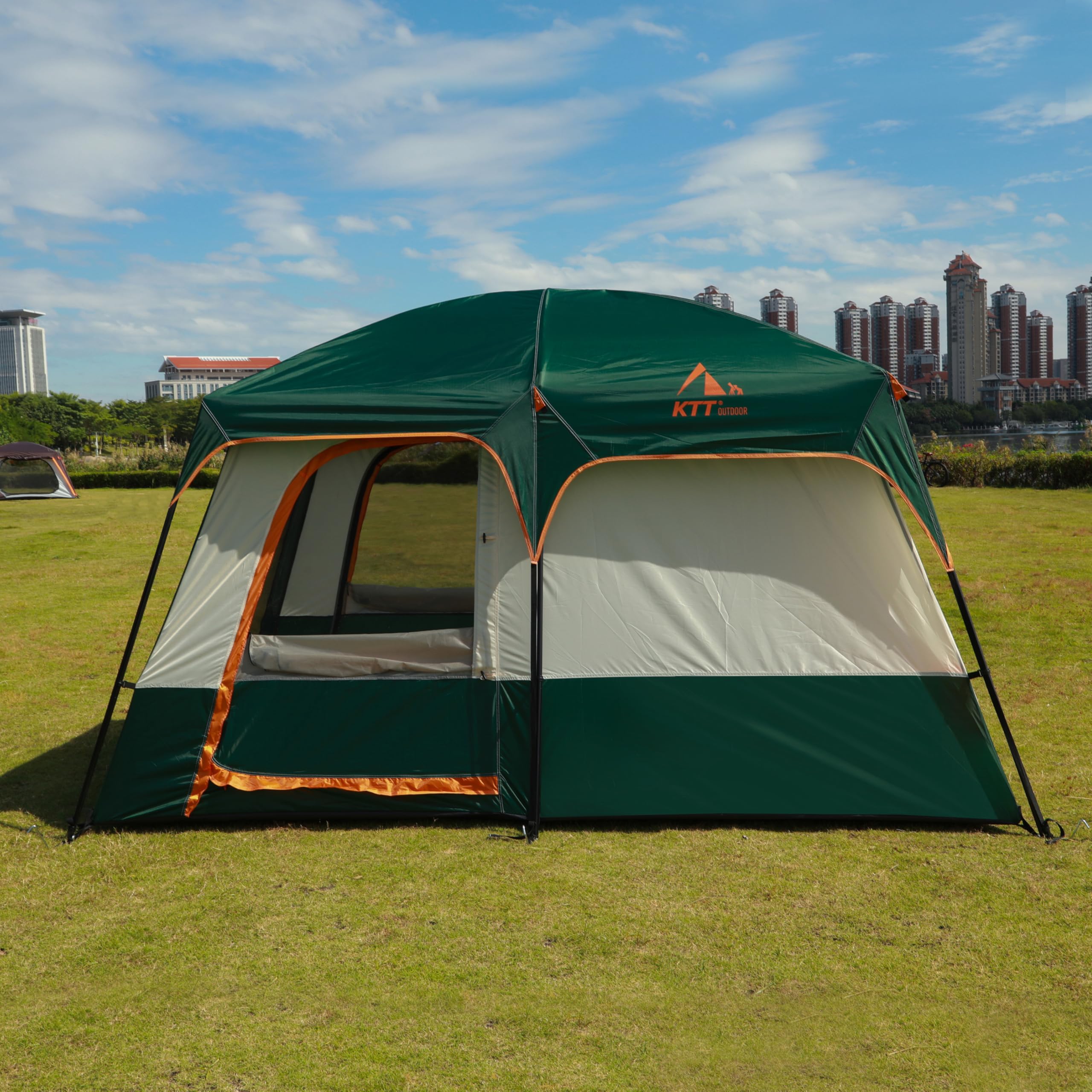 KTT Large Family Cabin Tent for 6-8 People - Waterproof Straight Wall Design with 3 Doors & 3 Mesh Windows - Spacious Outdoor Camping Tent for Picnics, Family Gatherings & Friends Trips - Perfect for Backyard, Beach & National Park Adventures