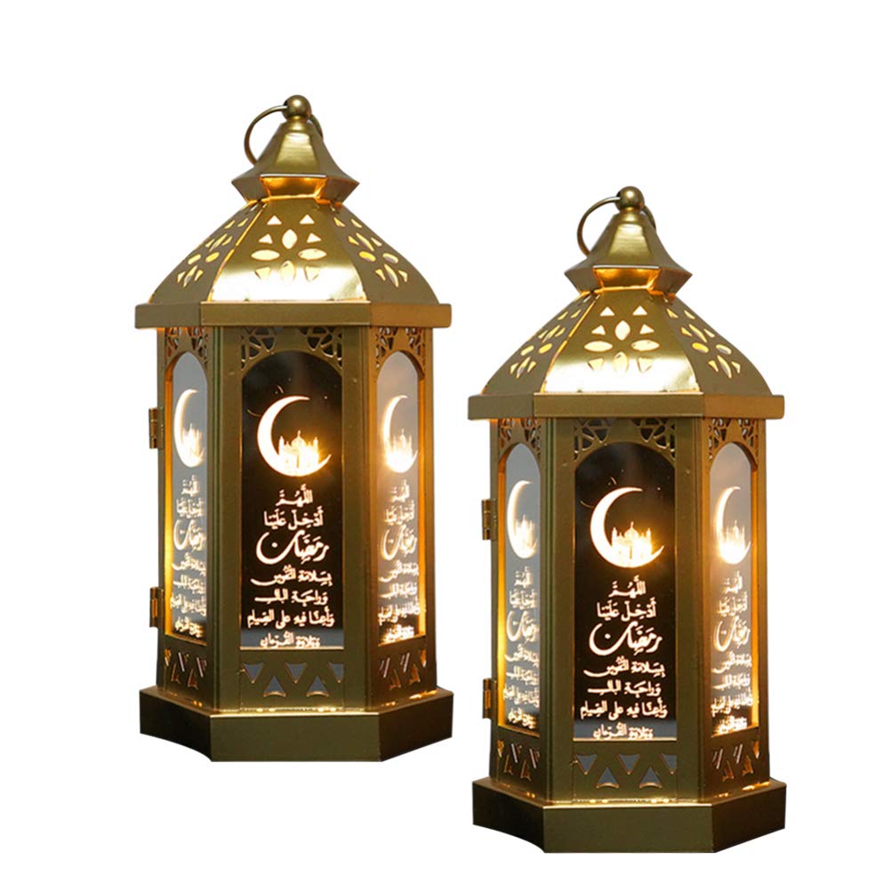 Uonlytech 2-Pack LED Ramadan Lanterns - Battery Operated Islamic Eid Decor with Iron Hanging Hook for Garden, Yard, Home & Party Decorations | Perfect for Eid Celebrations, Ramadan Nights & Outdoor Festivals