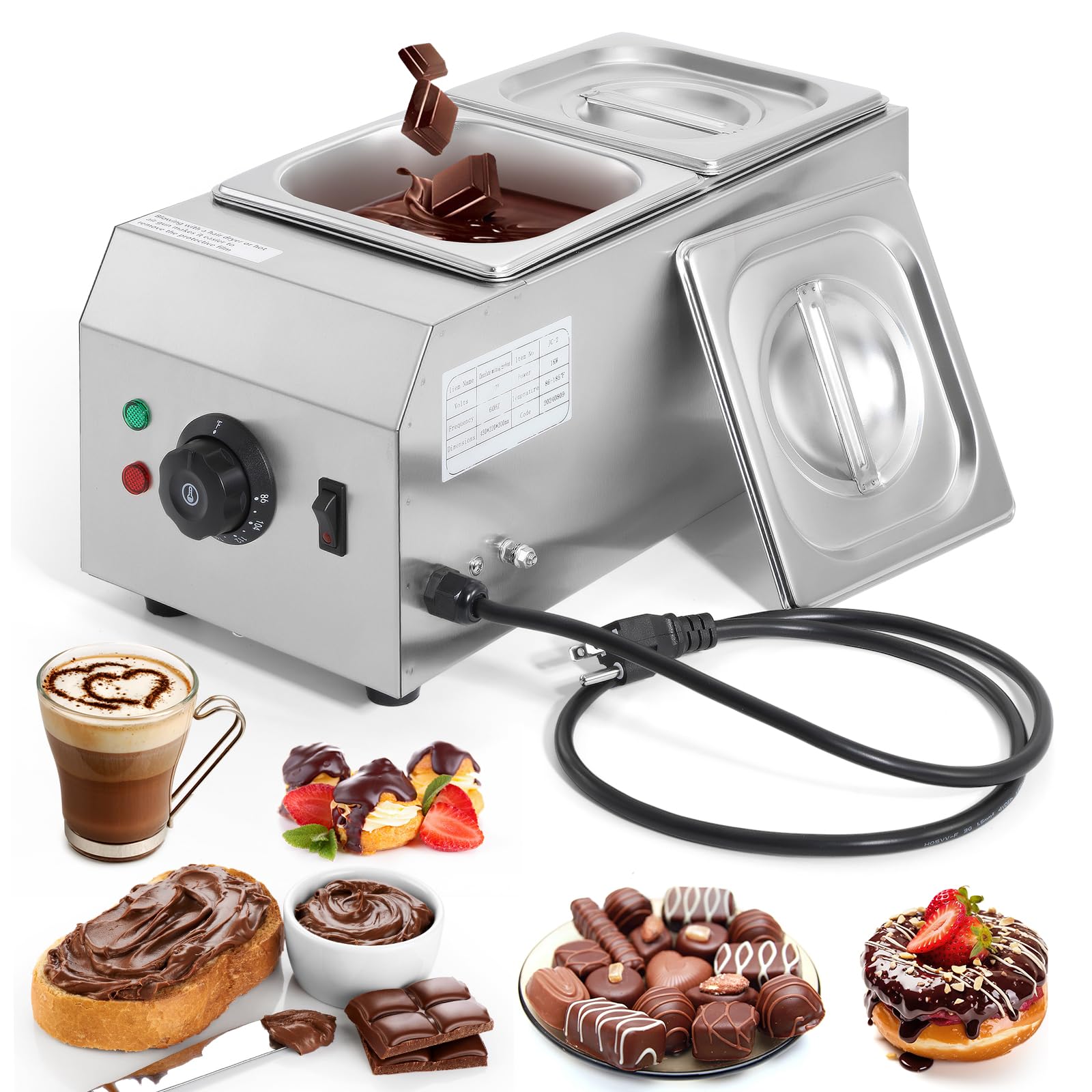 Dyna-Living 2-Tank Commercial Chocolate Melting Pot - 1000W Electric Chocolate Tempering Machine & Warmer for Milk, Coffee, Cheese - Perfect for Bakeries, Candy Shops & Home Chocolate Making