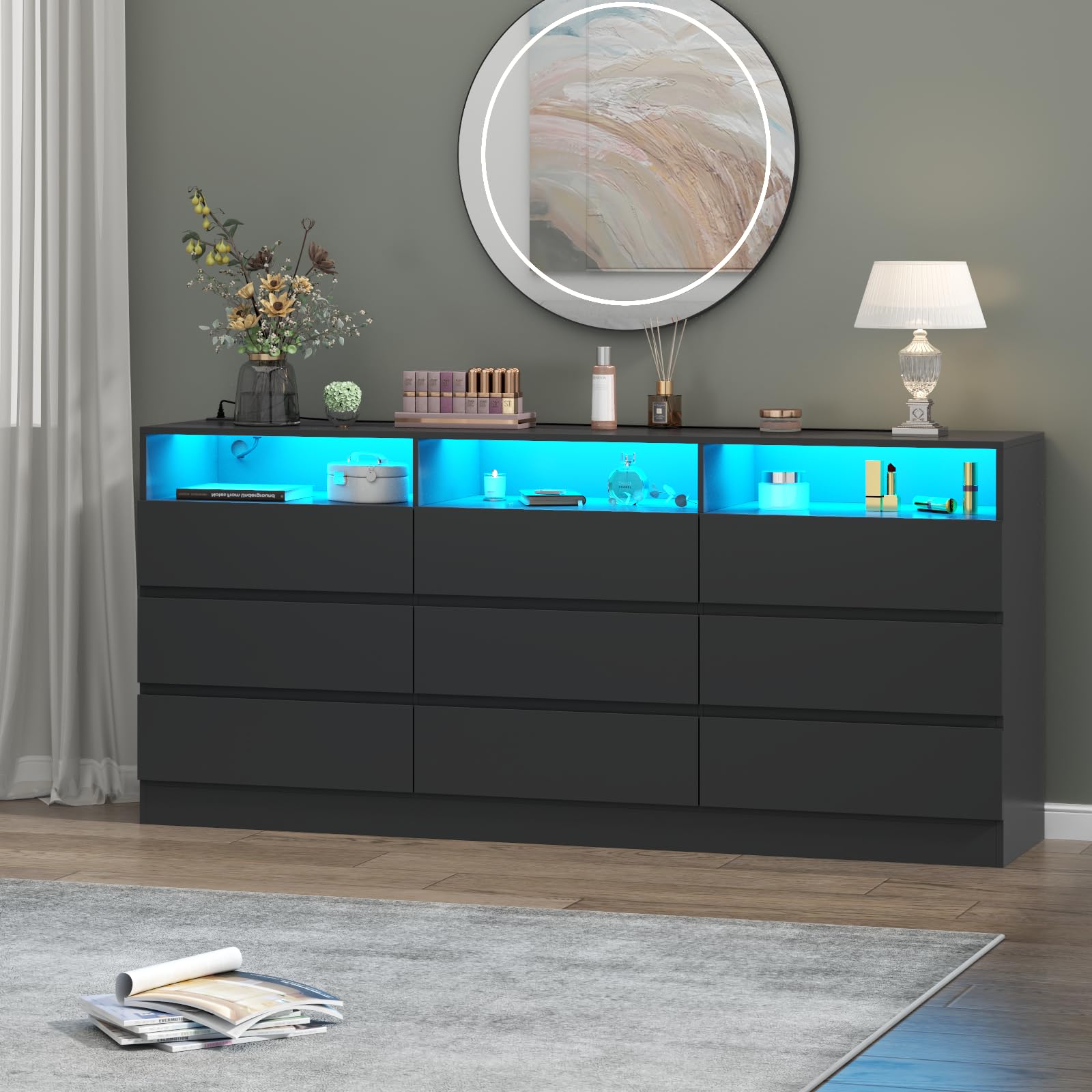 9-Drawer Dresser with Power Outlet & LED Lighting - Modern Large Storage Cabinet with Handles, Free Drawers for Bedroom, Closet & Living Room - Perfect for Organizing Clothes, Accessories & Home Decor (Black)