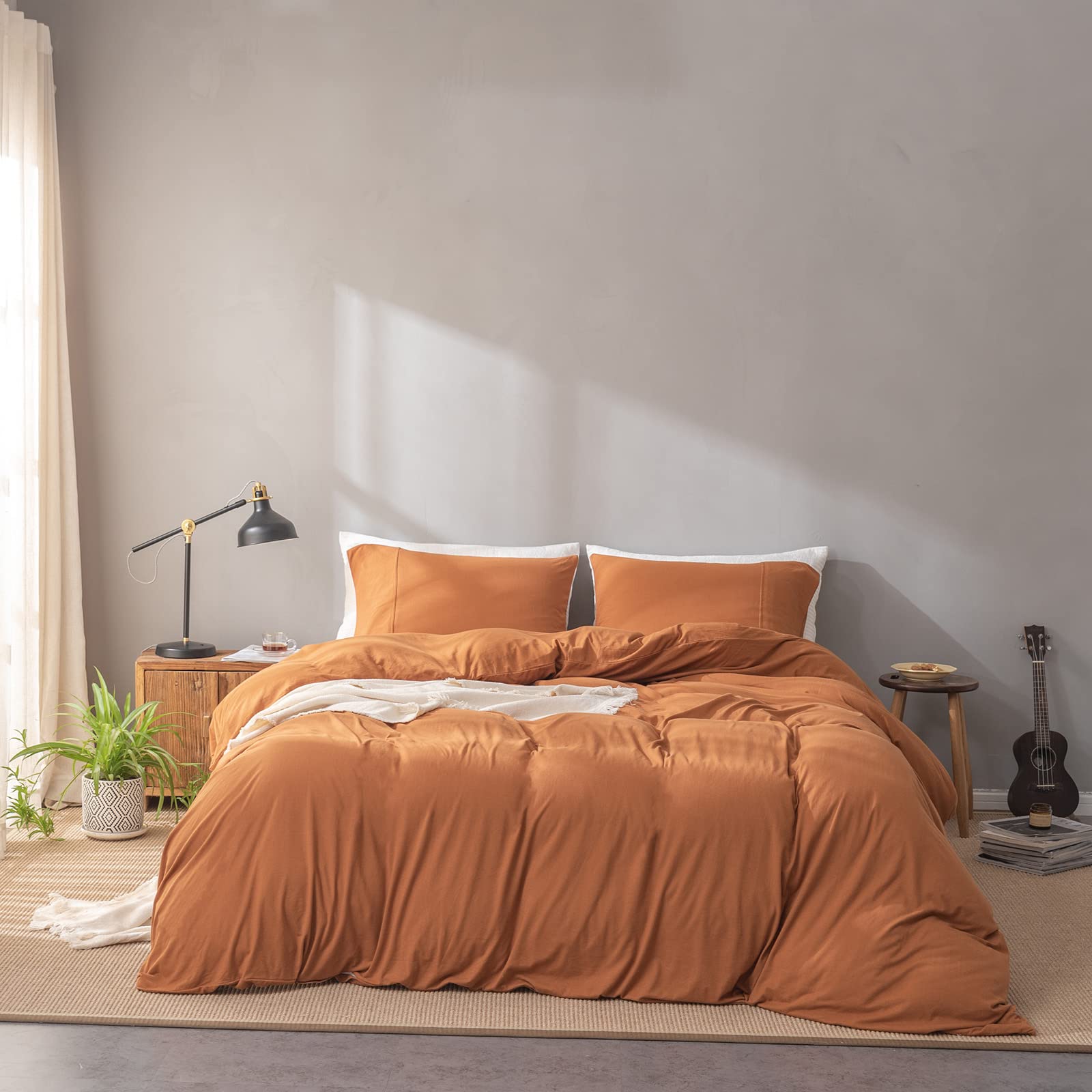Modern Solid Color Pumpkin Bedding Set - Twin Size Knit Cotton Duvet Cover - Soft & Breathable Hotel Quality Burnt Orange Comforter Cover - Simple Casual Bedroom Style - Perfect for Fall Decor, Guest Rooms & Cozy Dorm Essentials