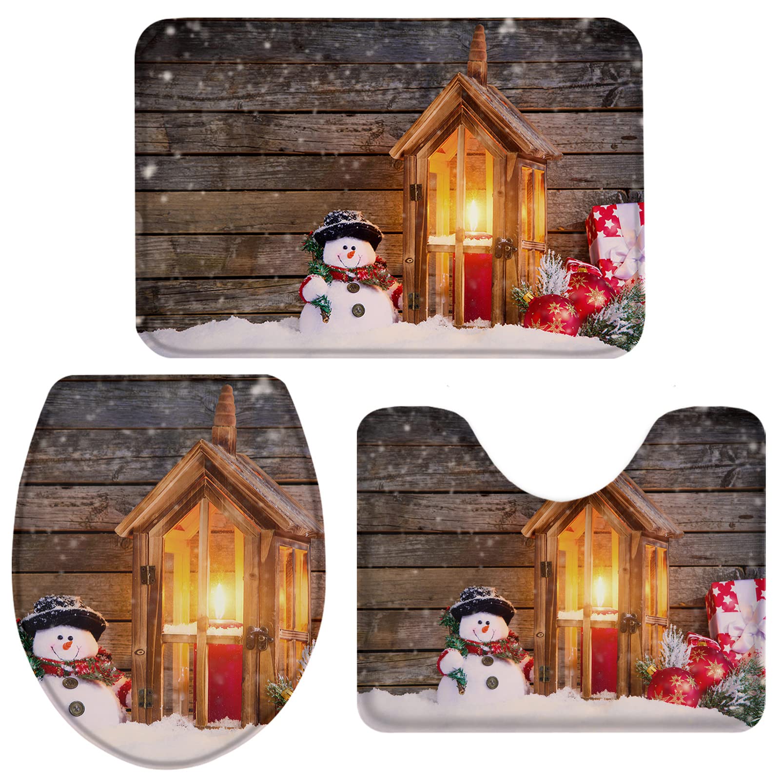 BRINGMEHOME 3-Piece Snowman Wooden House Bathroom Rug Set - Non-Slip Contour Rug, Pedestal Mat & Toilet Lid Cover - Christmas Themed Bath Mat for Cozy Winter Decor (Perfect for Holiday Bathroom Decorations & Gift Giving)