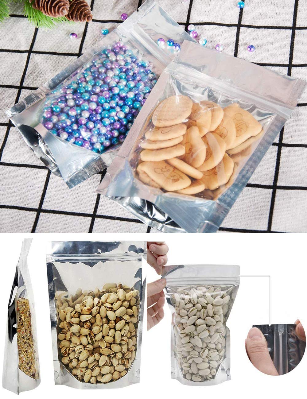 100PCS Stand Up Aluminum Foil Bags - Smell Proof & Reclosable Airtight Food Storage Pouches with Ziplock for Snacks, Coffee, Beans, Nuts | Ideal for Kitchen, Camping, Travel & Bulk Food Preservation