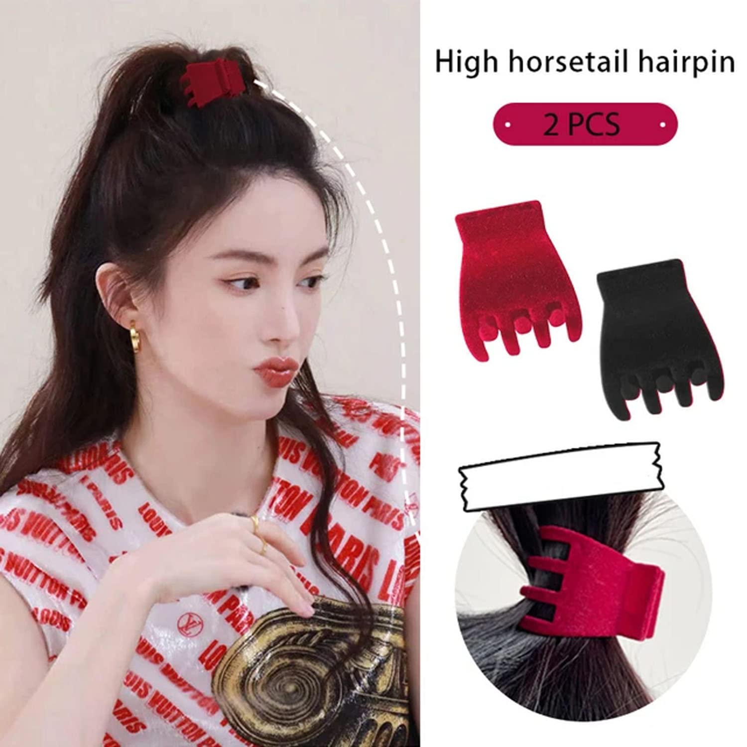 ASG 2-Pack Retro Velvet High Ponytail Hair Clips for Women & Girls - Mini Hair Claws with Geometric Design, Fashion Hair Accessories (Black & Red) - Perfect for Parties, Work & Everyday Styling