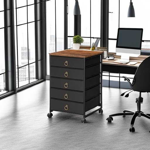 HOOBRO 5-Drawer Storage Cabinet - Black File Organizer with Wheels, Office Filing Cabinet & Rolling Printer Stand for Home Office, Living Room - Easy Assembly Nonwoven Drawers (Model BFK50WJ01) | Perfect for Document Storage & Printer Organization