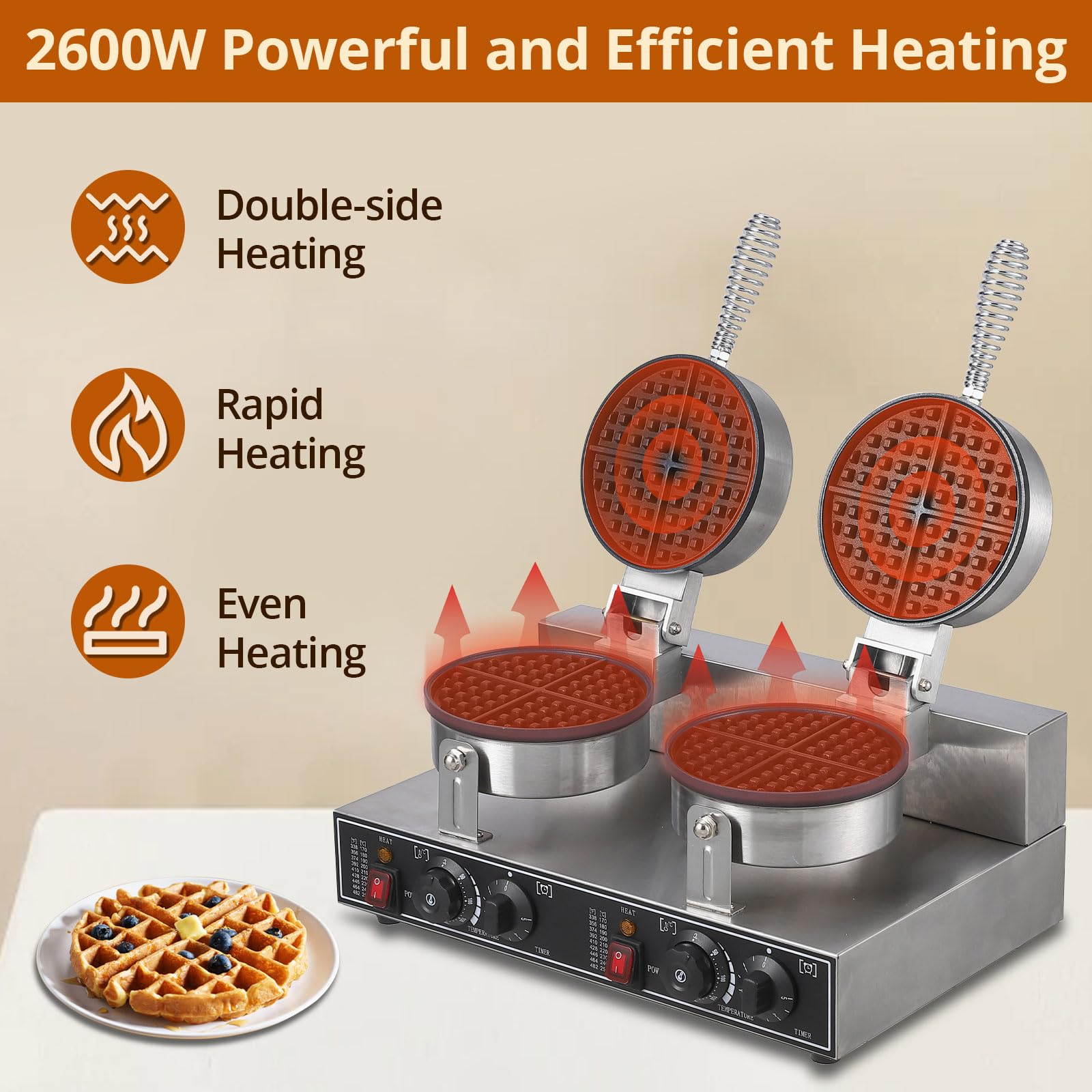 Professional Commercial Waffle Maker Machine - 2600W 110V Non-Stick Griddle with Adjustable Temperature & Timer Control - Perfect for Hotels, Restaurants, Cafes & Breakfast Catering