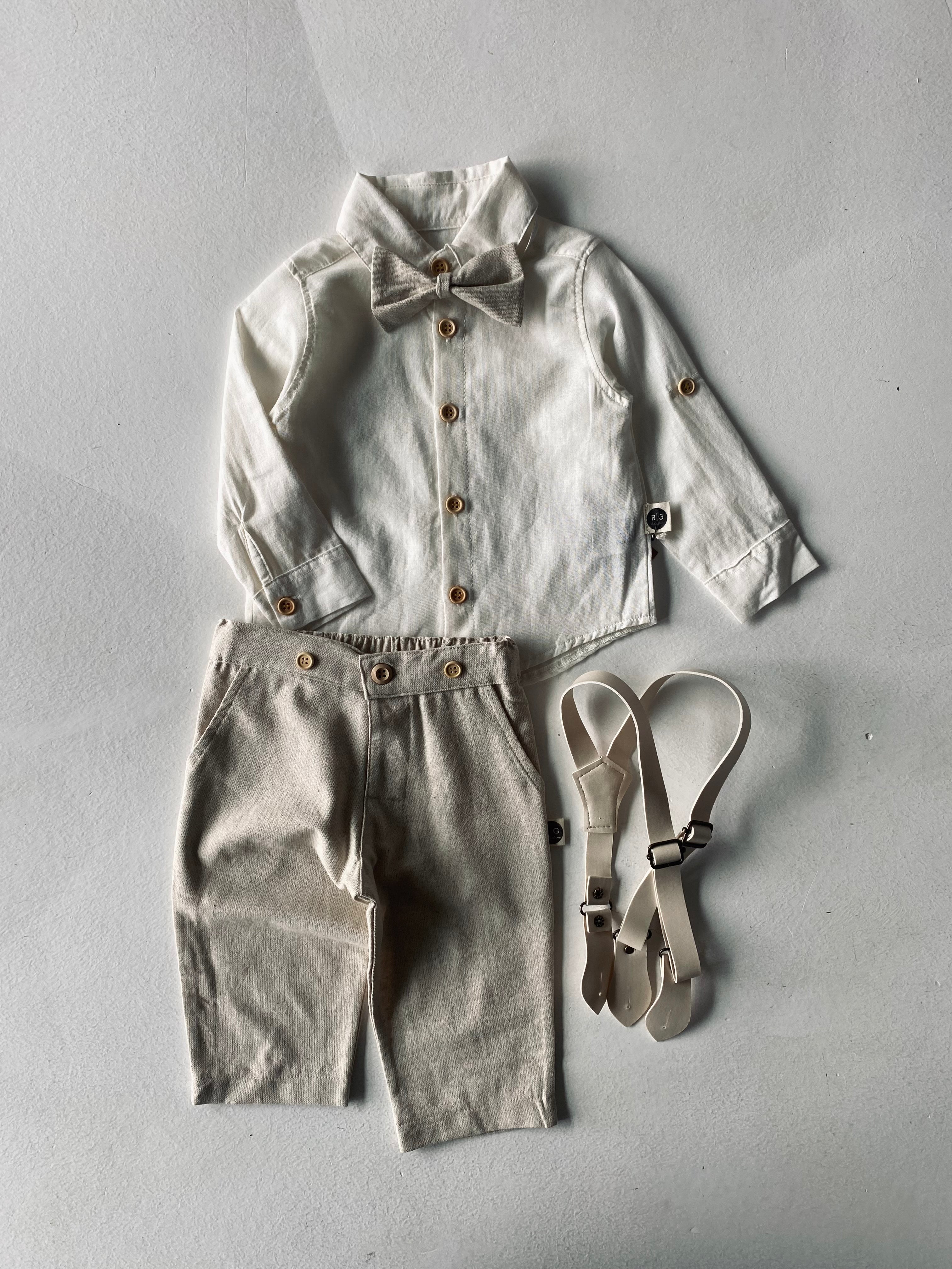 Baby Linen Shirt, Pants, Suspenders & Bowtie Romper Set - Perfect for Newborn Photoshoots, Christenings & Special Occasions