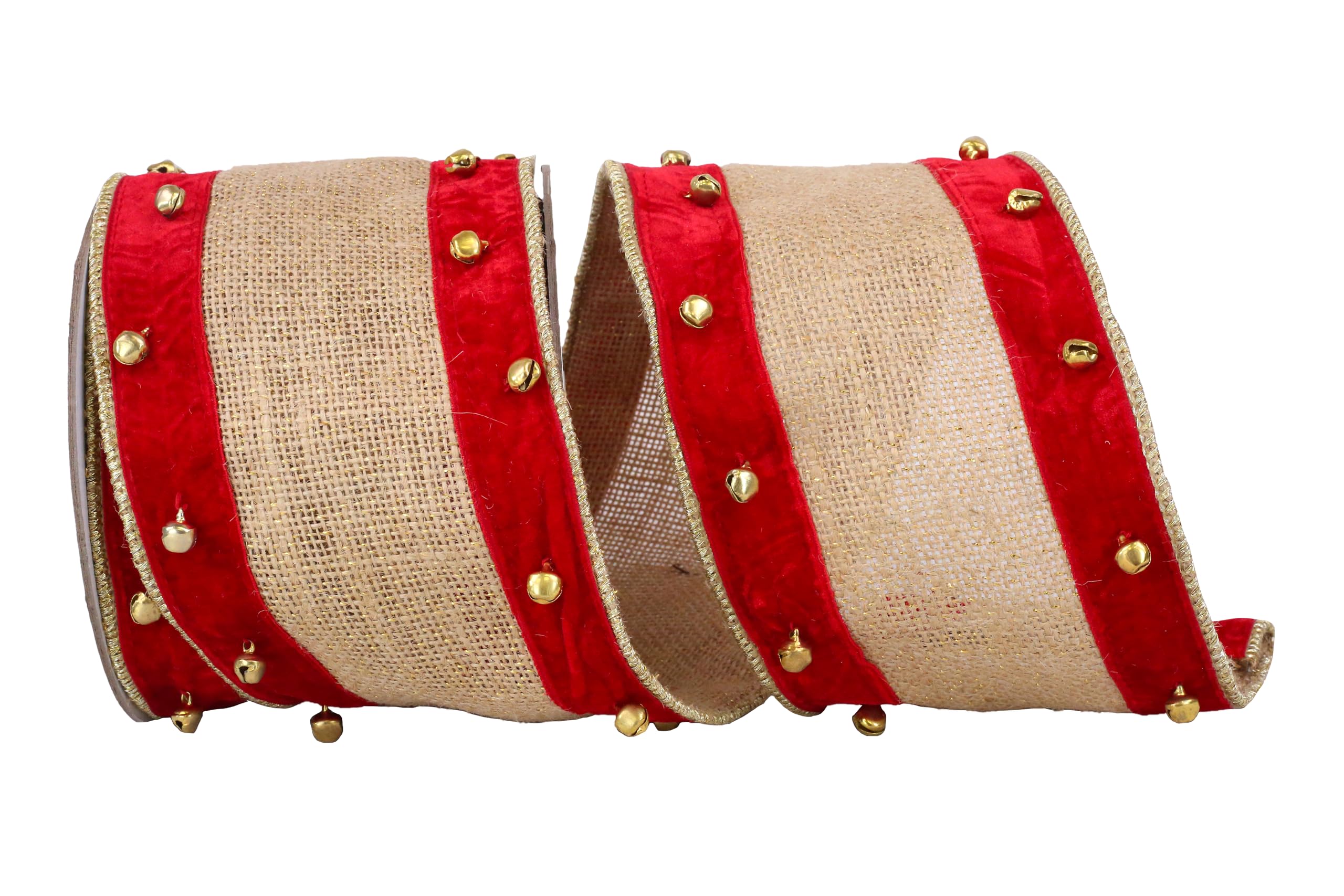 Reliant Ribbon Velvet Burlap and Bells Wired Edge Ribbon - 4 Inch x 5 Yards, Natural/Red - Perfect for Christmas Gift Wrapping, Holiday Decorations, and DIY Crafts