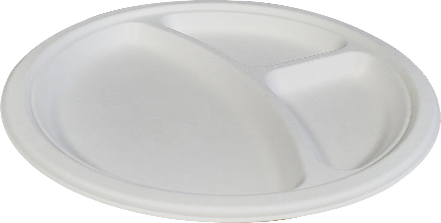 Eco-Friendly 10-Inch 3-Compartment Bagasse Plates | Biodegradable Disposable Dinnerware for Parties, Picnics & Catering Events