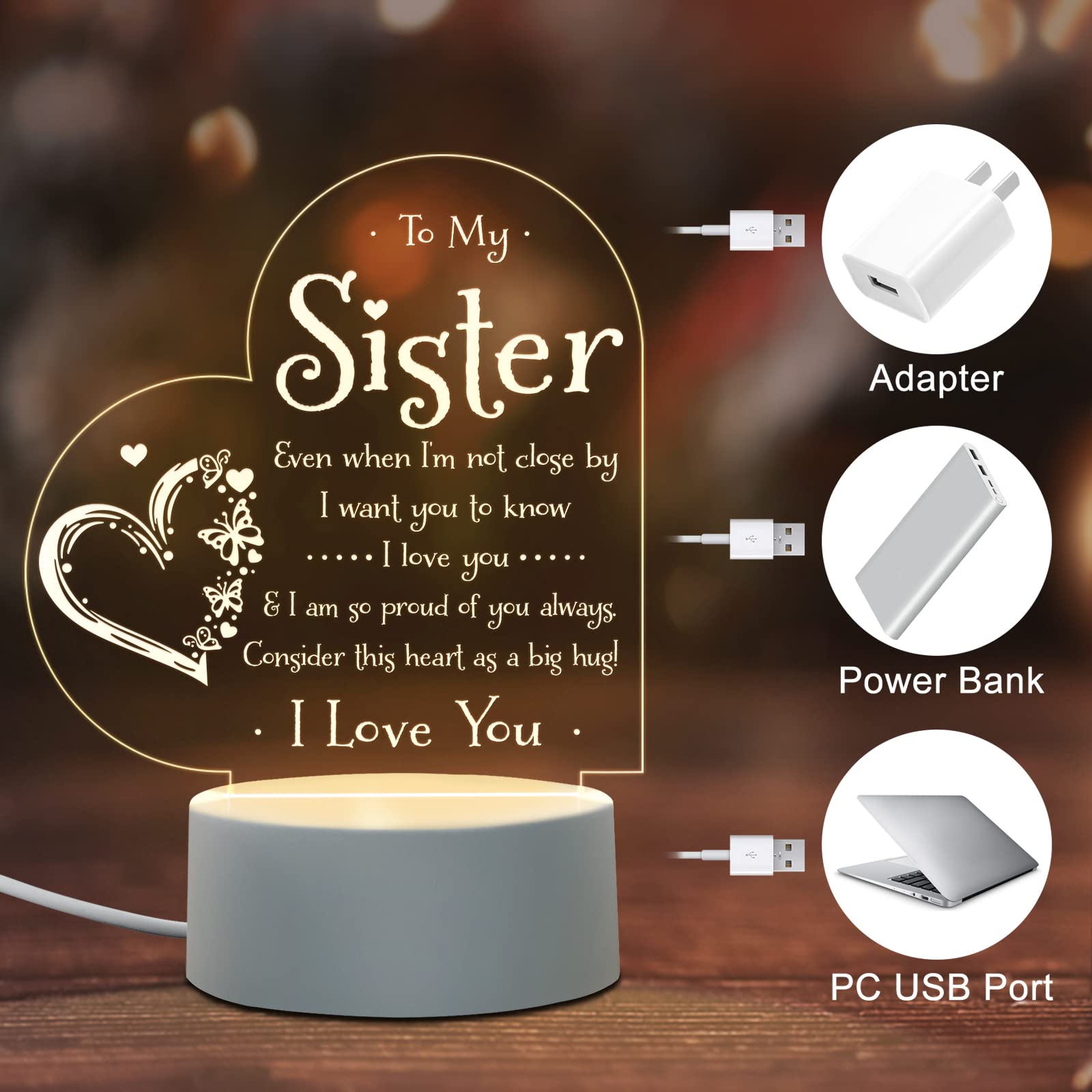 Personalized Sister Night Light - Custom Engraved Birthday Gift for Sister, Mothers Day, Graduation, Wedding & Christmas - Heartwarming Bedside Lamp for Sister from Brother/Sister - Perfect for Bedroom, Nursery & Gift Giving Occasions