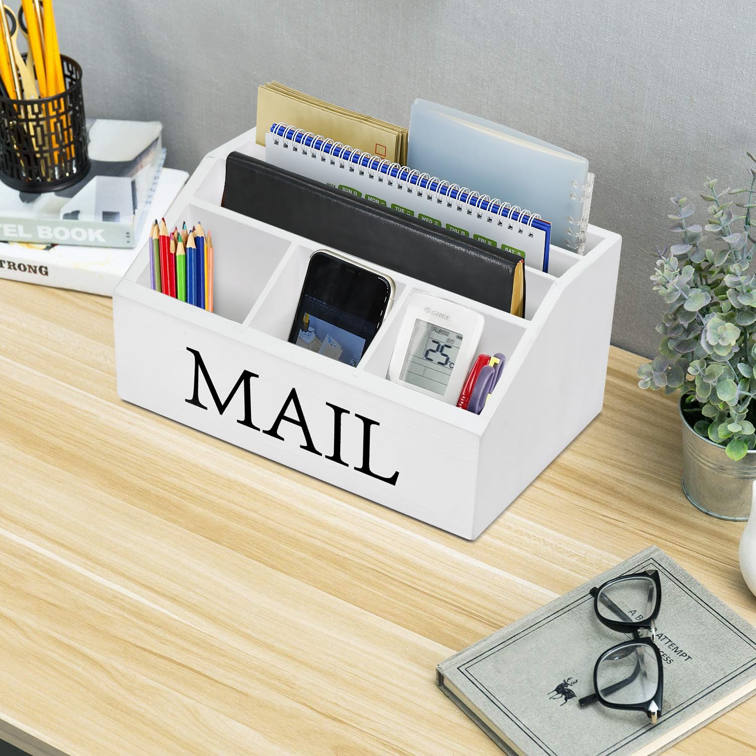 Wooden Mail Organizer for Desk & Countertop - Office Mail Sorter with Pen Holder for Bills, Letters & Documents - Perfect for Home Office, Entryway & Workspace Organization