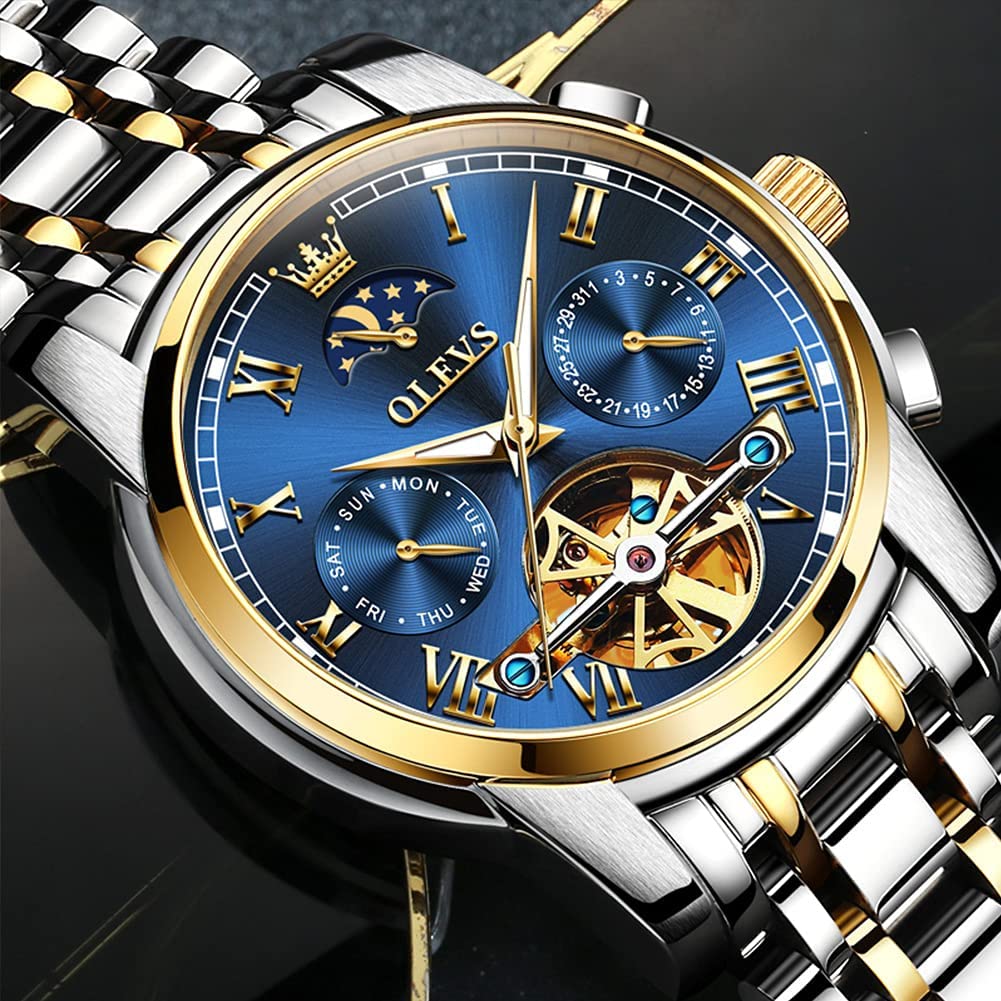 OLEVS Men's Automatic Mechanical Tourbillon Watch - Self-Winding Luxury Stainless Steel Waterproof Wristwatch with Luminous Hands & Date Display | Perfect for Business, Formal Events & Everyday Wear
