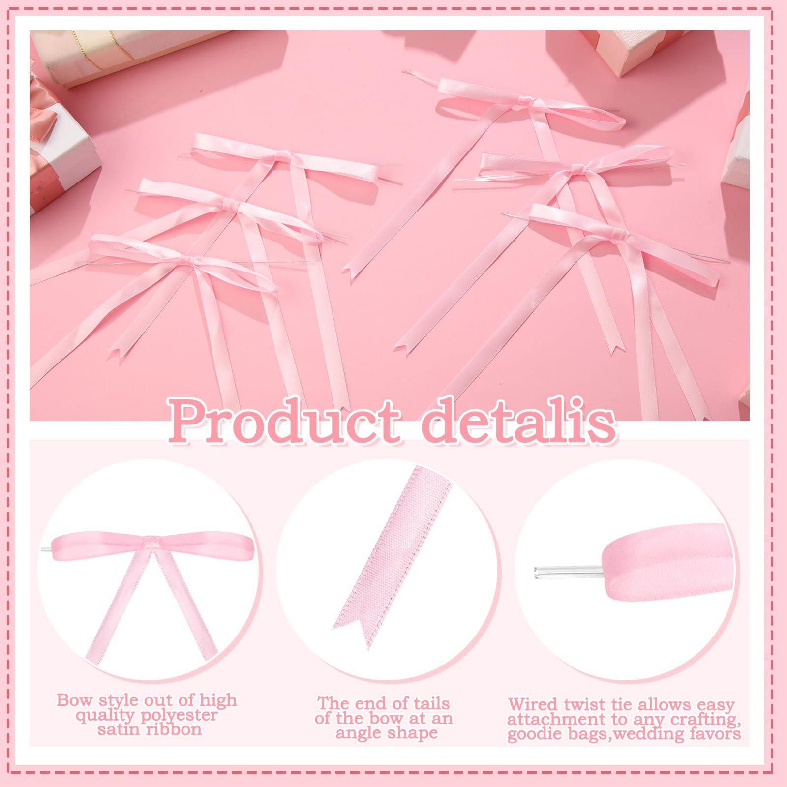 60 Pcs Pink Twist Tie Bows for Cake Decorating, Gift Wrapping & Crafts - 5 x 7 Inch Satin Ribbon Bows - Perfect for Party Favors, Wedding Decorations & DIY Projects