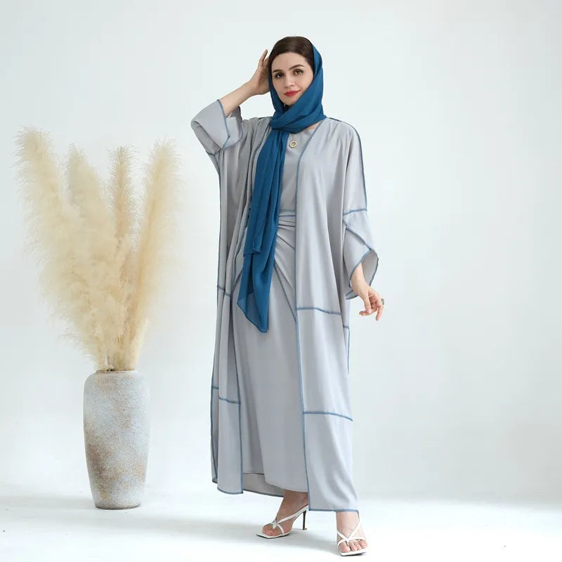 3 Piece Set Wrinkle-Free Muslim Women's Open Abaya Suit with Inner Sleeveless Dress & Waist Wrap - Modest Islamic Prayer Dress for Eid, Ramadan & Daily Wear