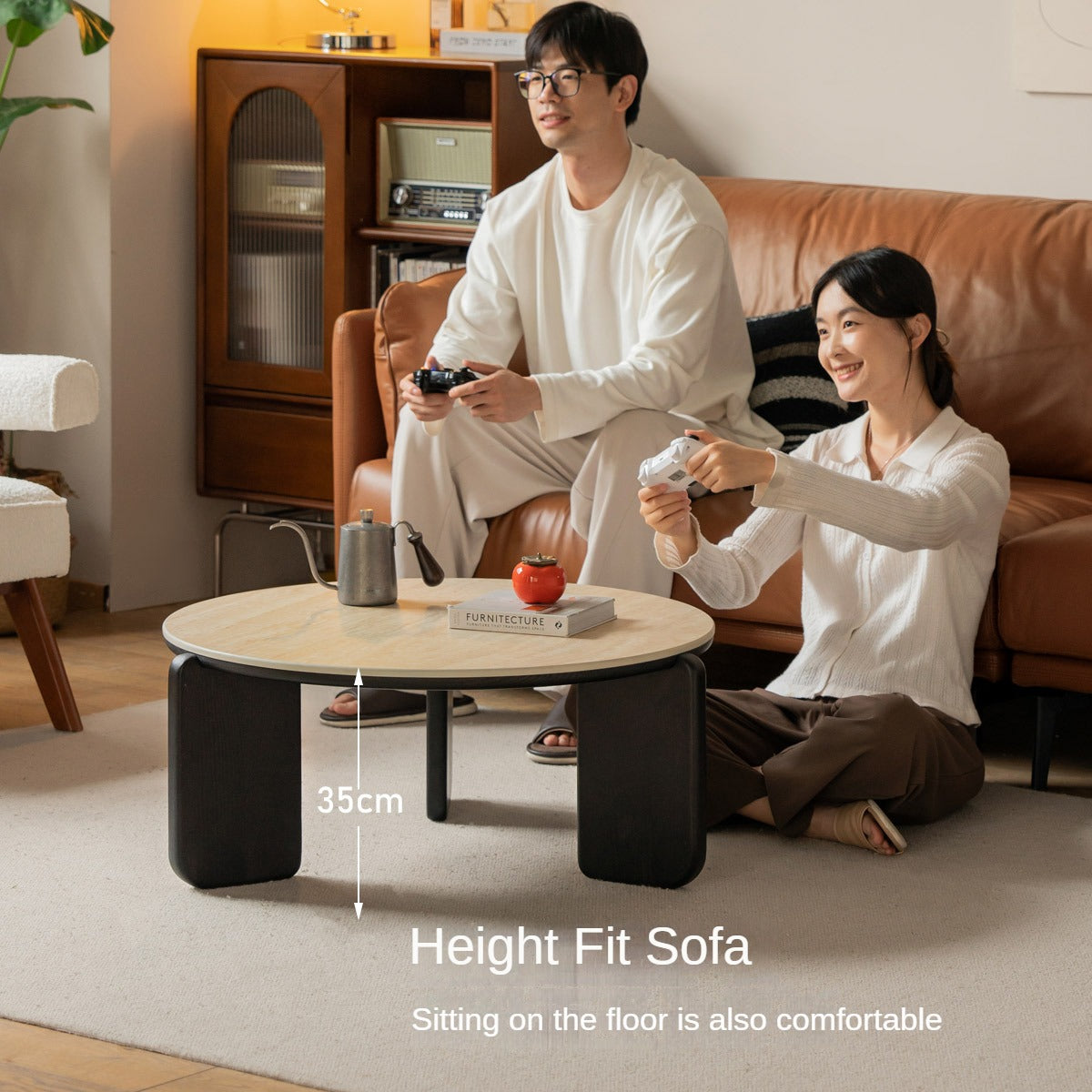 Solid Oak Wood Modern Round Coffee Table - Rustic Farmhouse Living Room Centerpiece for Home Decor