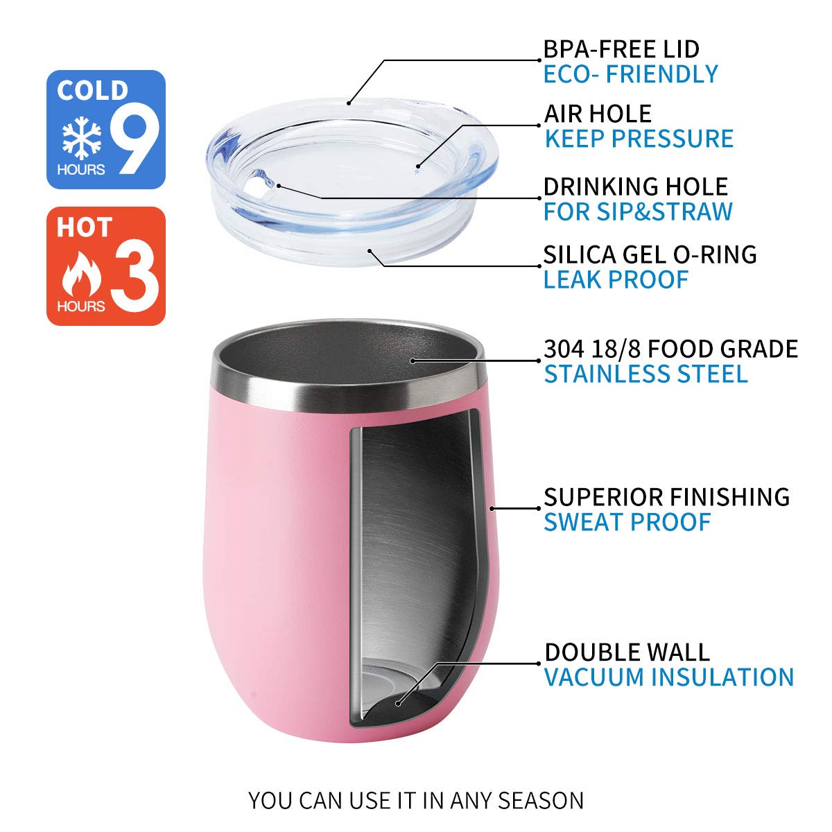 HASLE OUTFITTERS 12oz Stainless Steel Wine Tumbler with Lid - Double Wall Vacuum Insulated Stemless Wine Glass for Hot & Cold Drinks - Travel Mug for Coffee, Cocktails, Beer (6 Pack, Pink) - Perfect for Picnics, Office Use & Outdoor Adventures