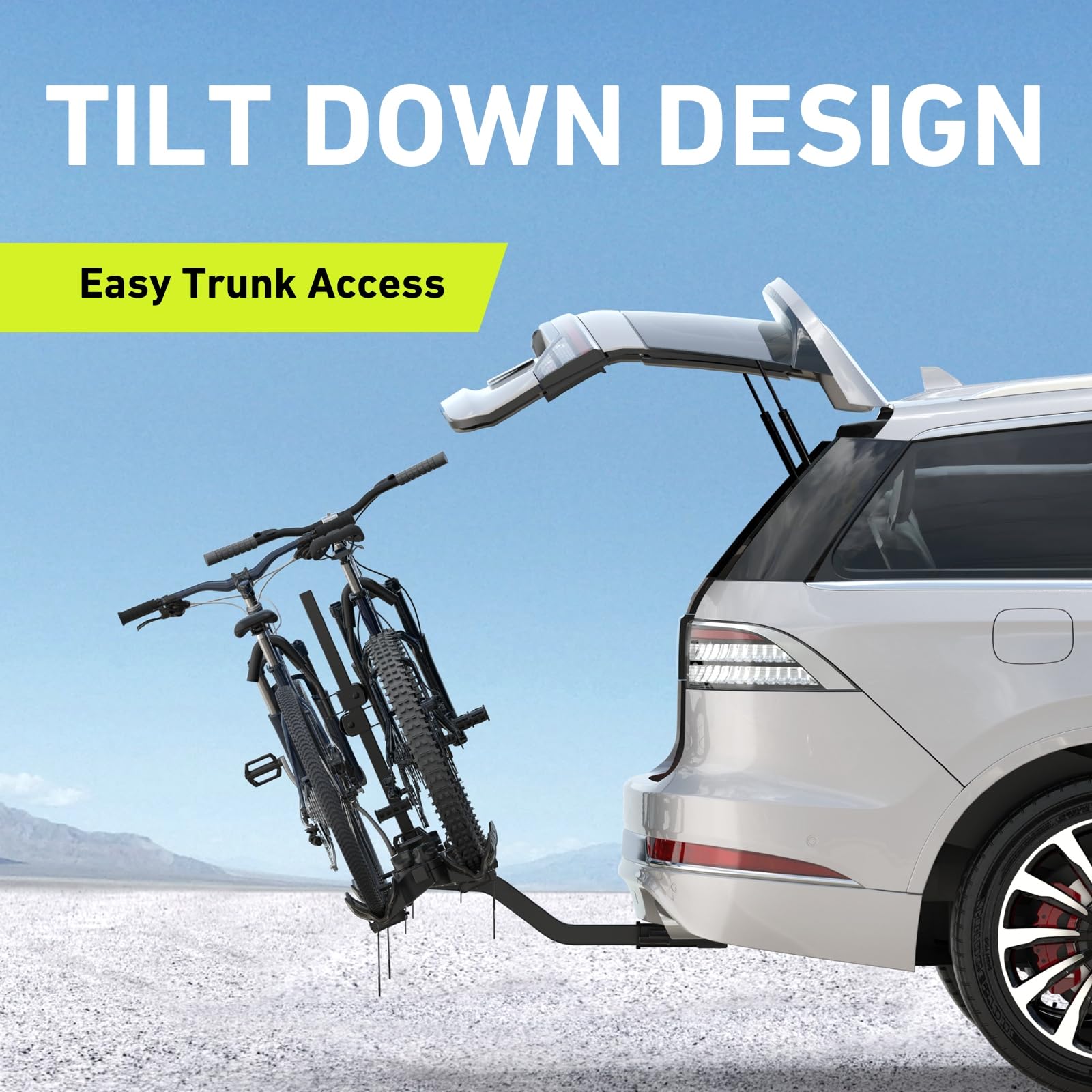 Vibrelli Hitch Bike Rack for 2 Electric Bikes - Heavy Duty 65lbs Capacity per Bike - Fits Fat Tire, Mountain & Road Bikes - Anti-Wobble Design for Cars & SUVs - Foldable Tilting Platform - Perfect for Road Trips, Camping & Outdoor Adventures