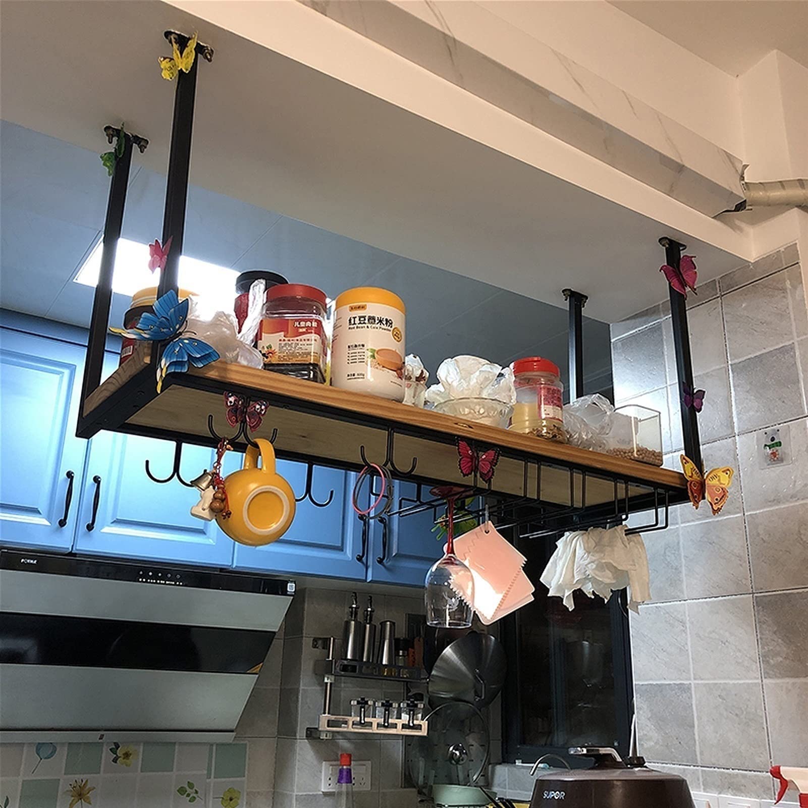 Wrought Iron Ceiling Wine Glass Rack & Hanging Plant Stand - Wall Mount Floating Storage for Kitchen, Bar - Dual Function Upside Down Wine Glass Holder & Plant Hanger - Perfect for Small Space Organization & Home Decor