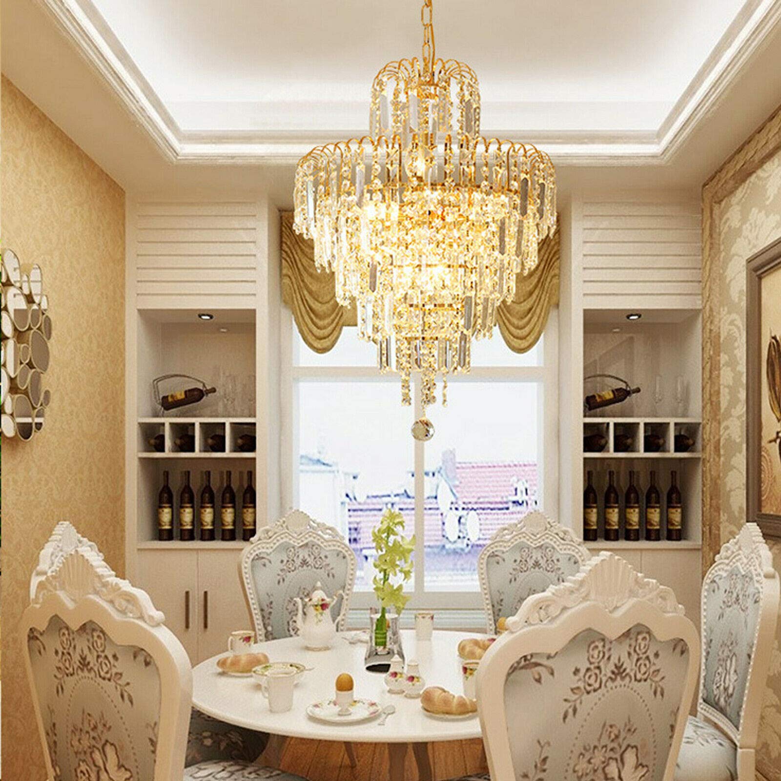 Luxury Crystal Chrome Chandelier - French Empire Style 4-Light K9 Raindrop Ceiling Pendant Light - Adjustable Contemporary Hanging Fixture for Dining Room, Living Room, Hotel Foyer - Gold Finish - Perfect for Elegant Home Decor & Commercial Spaces