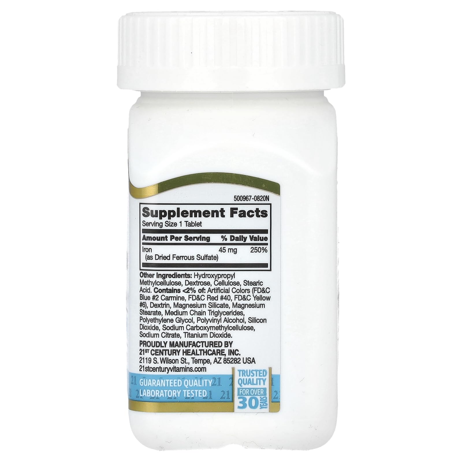 21st Century Slow Release Iron Supplement Tablets - 60 Count for Energy Boost & Anemia Support - Ideal for Active Lifestyles & Vegetarian Diets