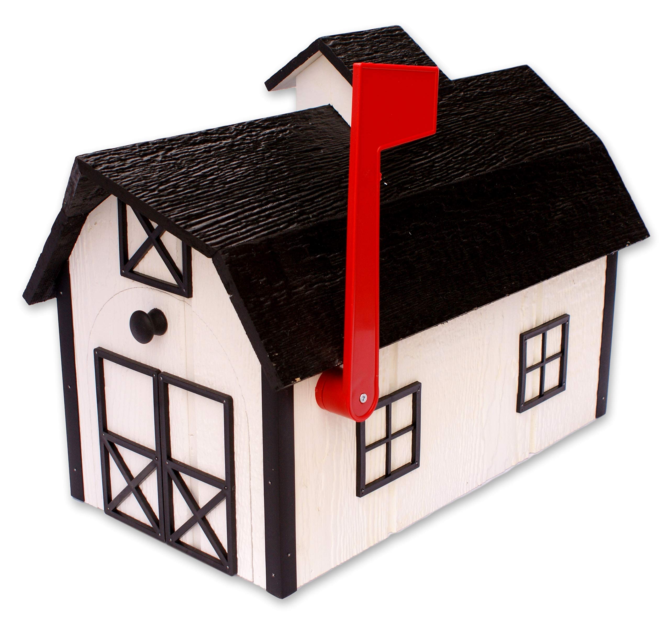 Amish-Made Deluxe Wooden Mailbox - Dutch Barn Style with Rustic Cupola (White & Black Trim) | Handcrafted Outdoor Mailbox for Farmhouse, Cottage & Countryside Homes
