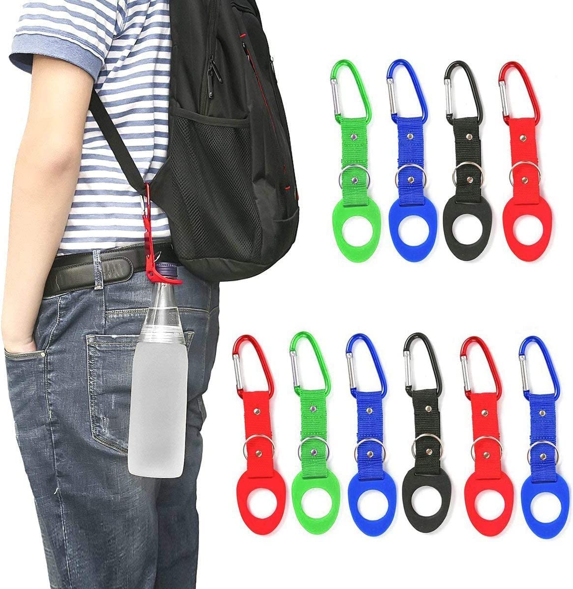 DomeStar 10-Pack Portable Silicone Water Bottle Clips with D-Ring Hooks - Leak-Proof Bottle Holders for Hiking, Camping & Travel Gear - Includes Emergency Aluminum Whistle for Outdoor Adventures