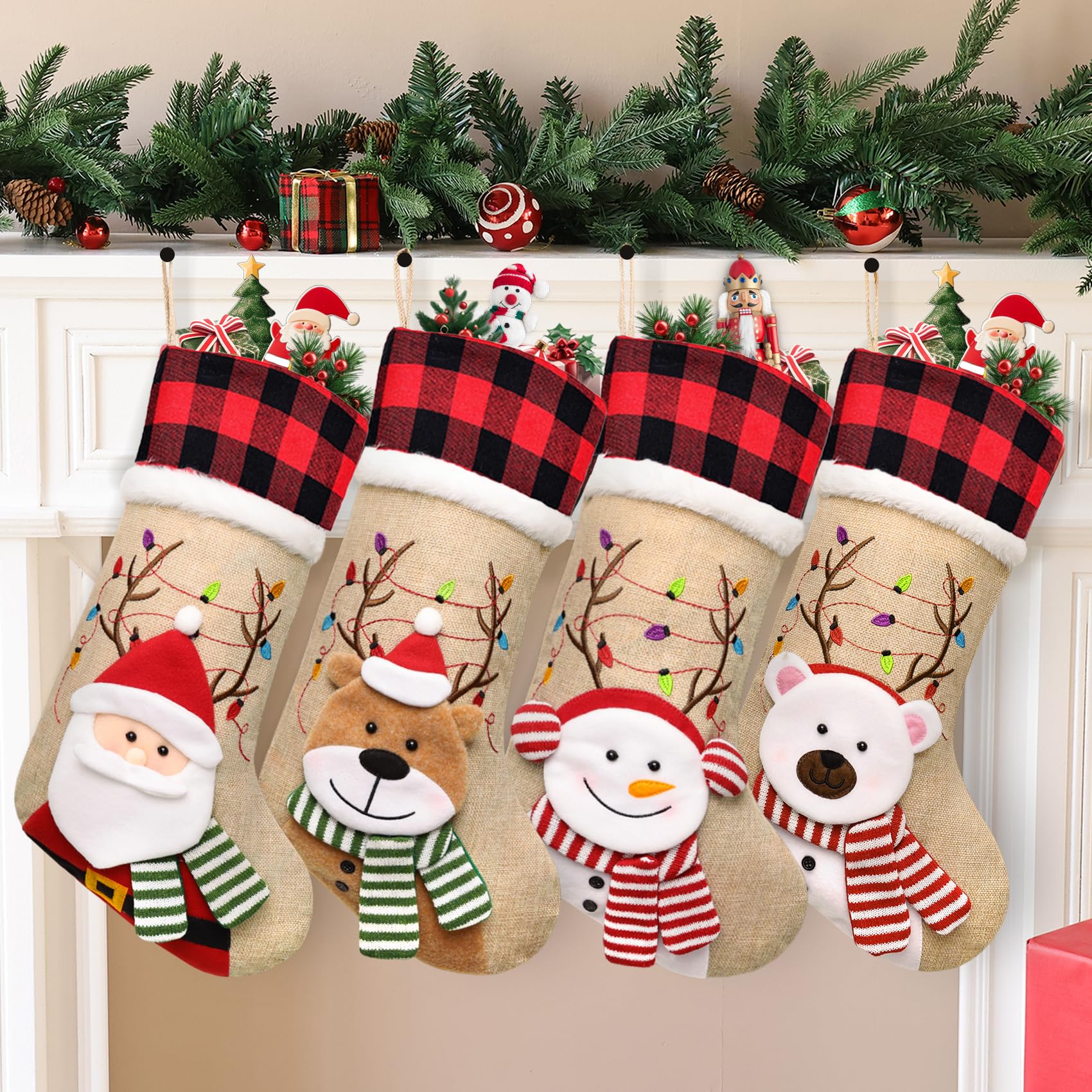 ELEGANTPARK 4-Piece Buffalo Plaid Christmas Stockings Set with 3D Santa Snowman Reindeer Embroidery & Fur Cuff - Festive Holiday Decor for Fireplace Mantel, Tree, and Family Gift Exchange