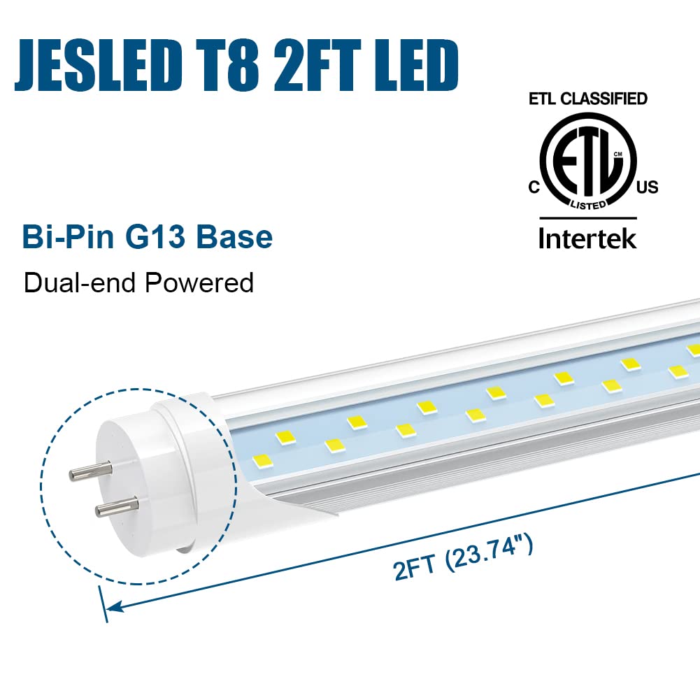 JESLED 2FT T8 LED Tube Light 12W (30W Equivalent) - 1680LM, 6000K Daylight White - Plug & Play or Ballast Bypass - 24 Inch F20T12 Fluorescent Replacement - Dual Ended Fixture (4-Pack) - Perfect for Garage, Workshop & Office Lighting