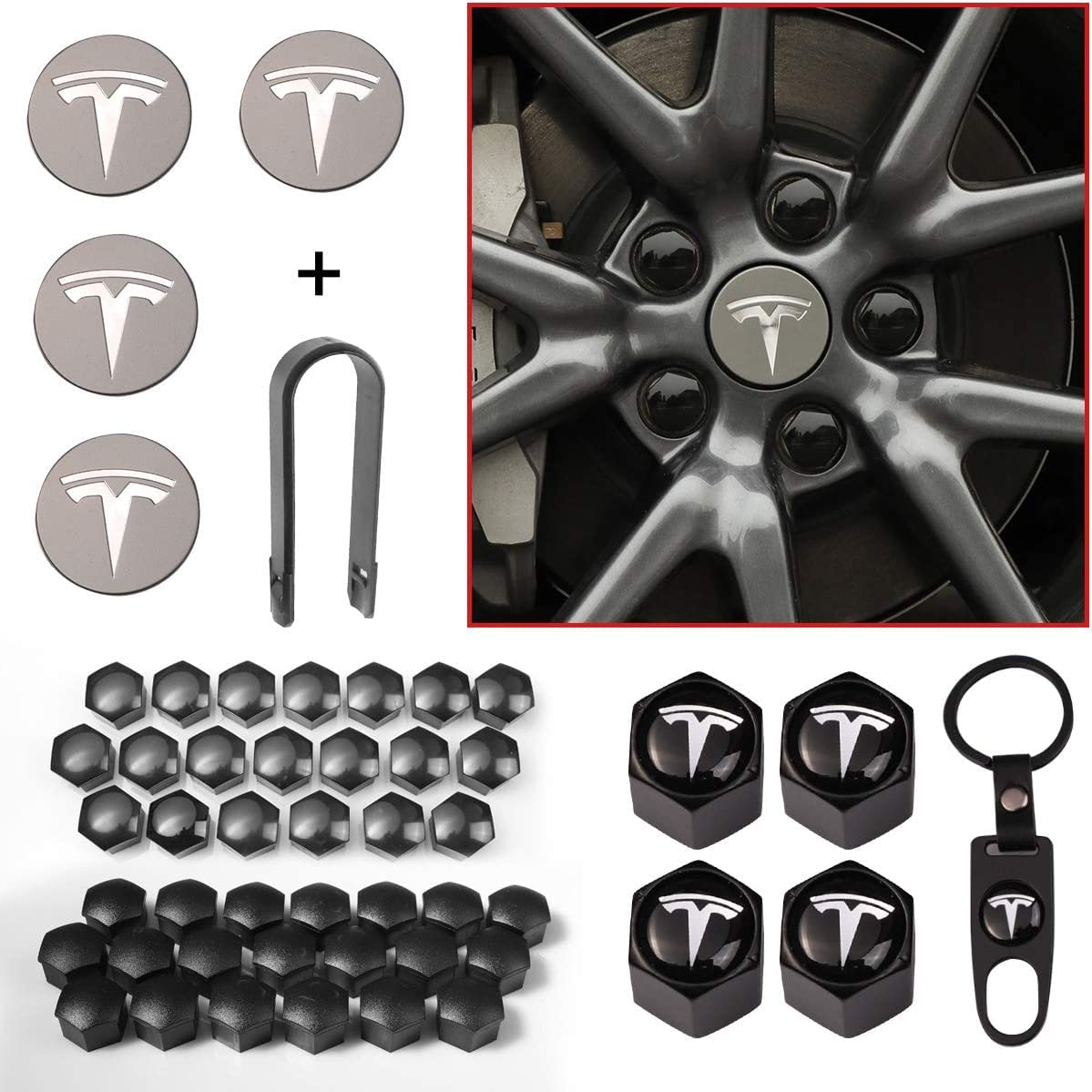 Premium Tesla Model 3 Wheel Cap Kit - 50pcs Chrome Lug Nut Covers with Puller Tool & Logo Hub Caps (Silver Grey) - Perfect for Wheel Protection & Luxury Style Enhancement