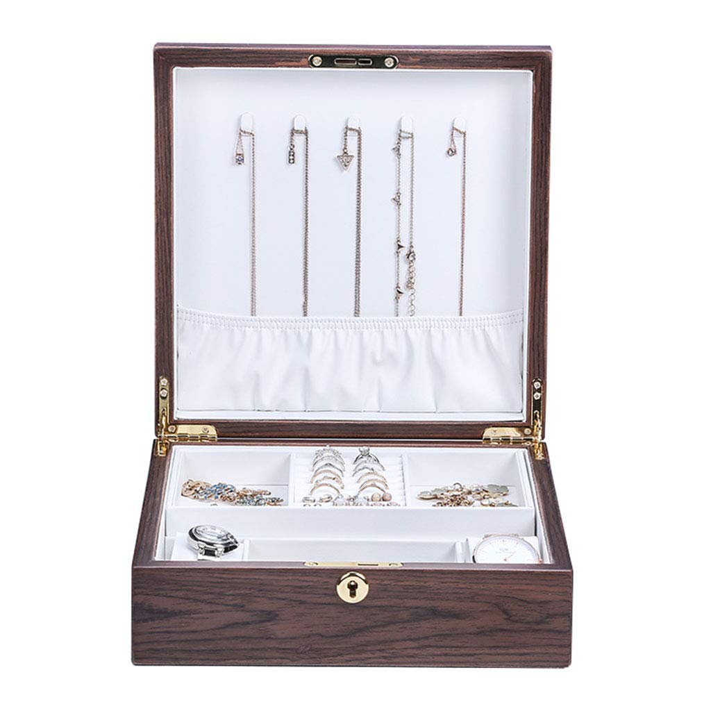 2 Tier Lockable Jewelry Box for Necklace & Watch Storage - Heavy Duty Frame with Lid, 2 Soft Watch Pillows & Dividers - Perfect Gift for Women, Valentines, Anniversary (Home Decor, Travel, Jewelry Organizer)