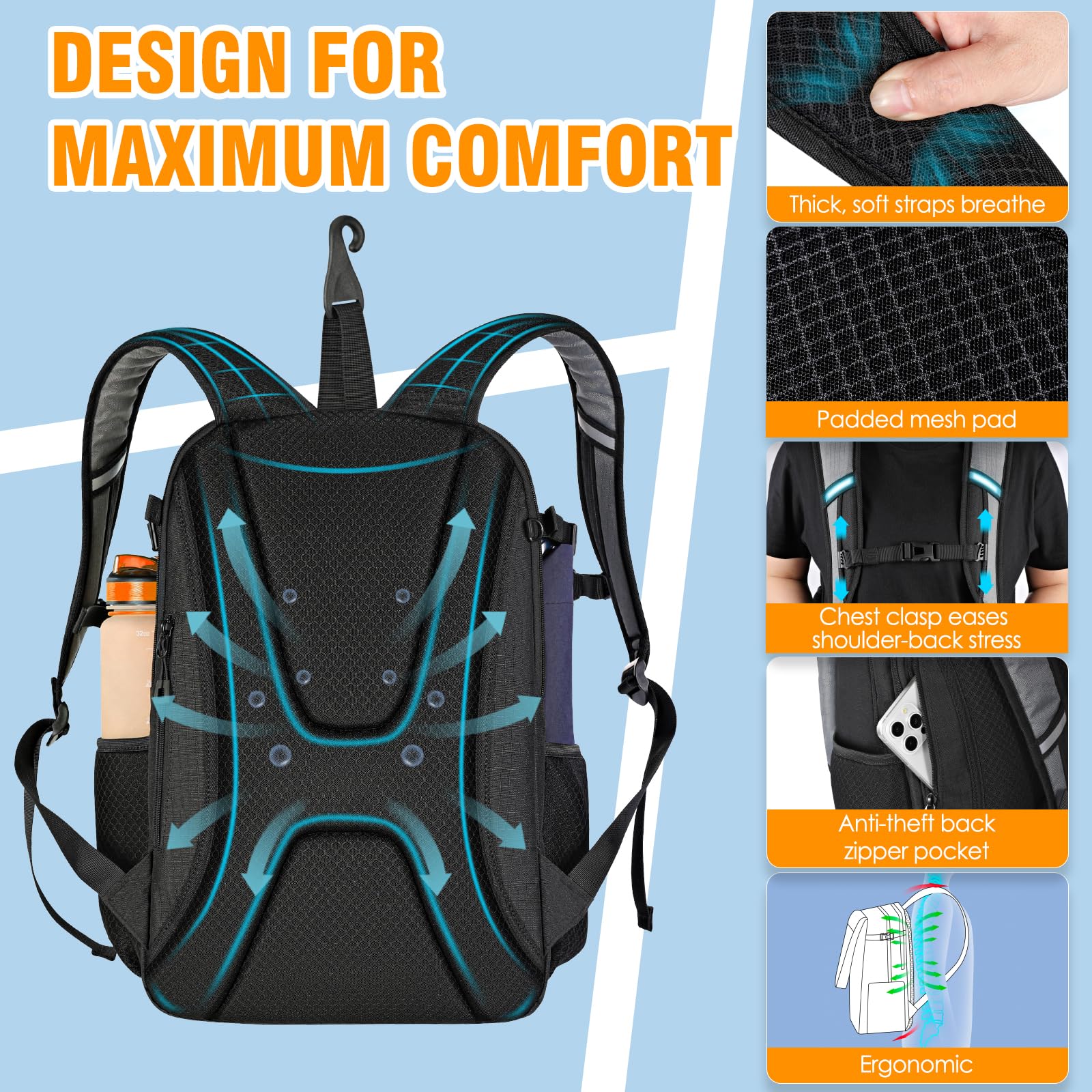 **Waterproof Tennis Backpack with Shoe Compartment – Large 40L Tennis Bag for Men & Women – Holds 3 Rackets & Gear – Durable Gray Tennis Equipment Backpack for Training, Matches & Travel**