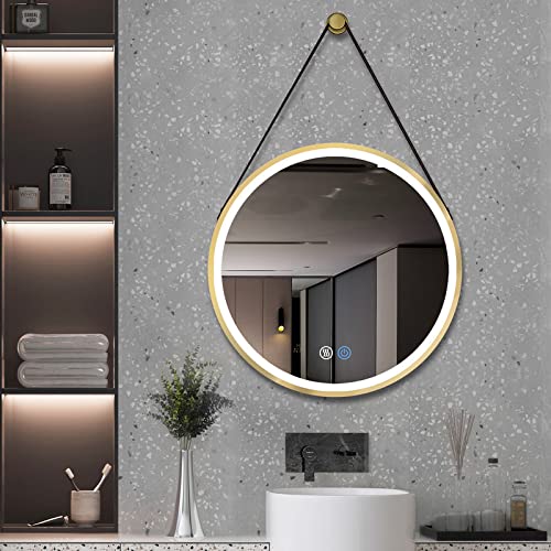 28 Inch Golden Round Bathroom Mirror with Hanging Lamp - Perfect for Vanity, Makeup, and Modern Bathroom Decor