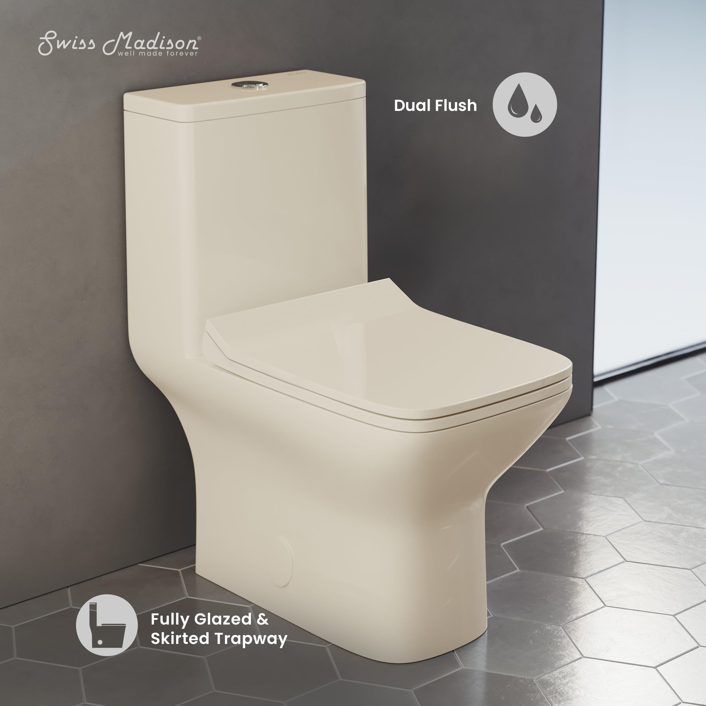 Swiss Madison SM-1T256 Carre Modern One-Piece Square Toilet - Dual Flush 1.1/1.6 GPF - Compact Bathroom Toilet in Bisque | Perfect for Small Bathrooms & Contemporary Home Decor