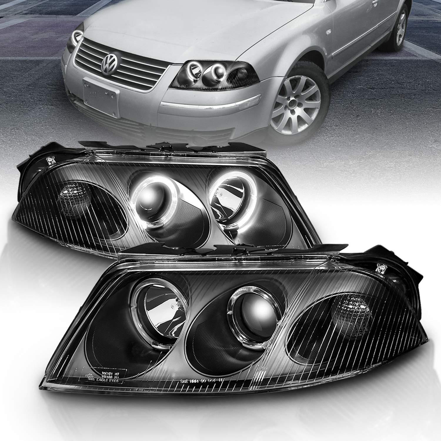 AmeriLite G2 Projector Headlights Halo Black for Volkswagen Passat - Left & Right Side Replacement - Upgrade Your Night Driving & Style