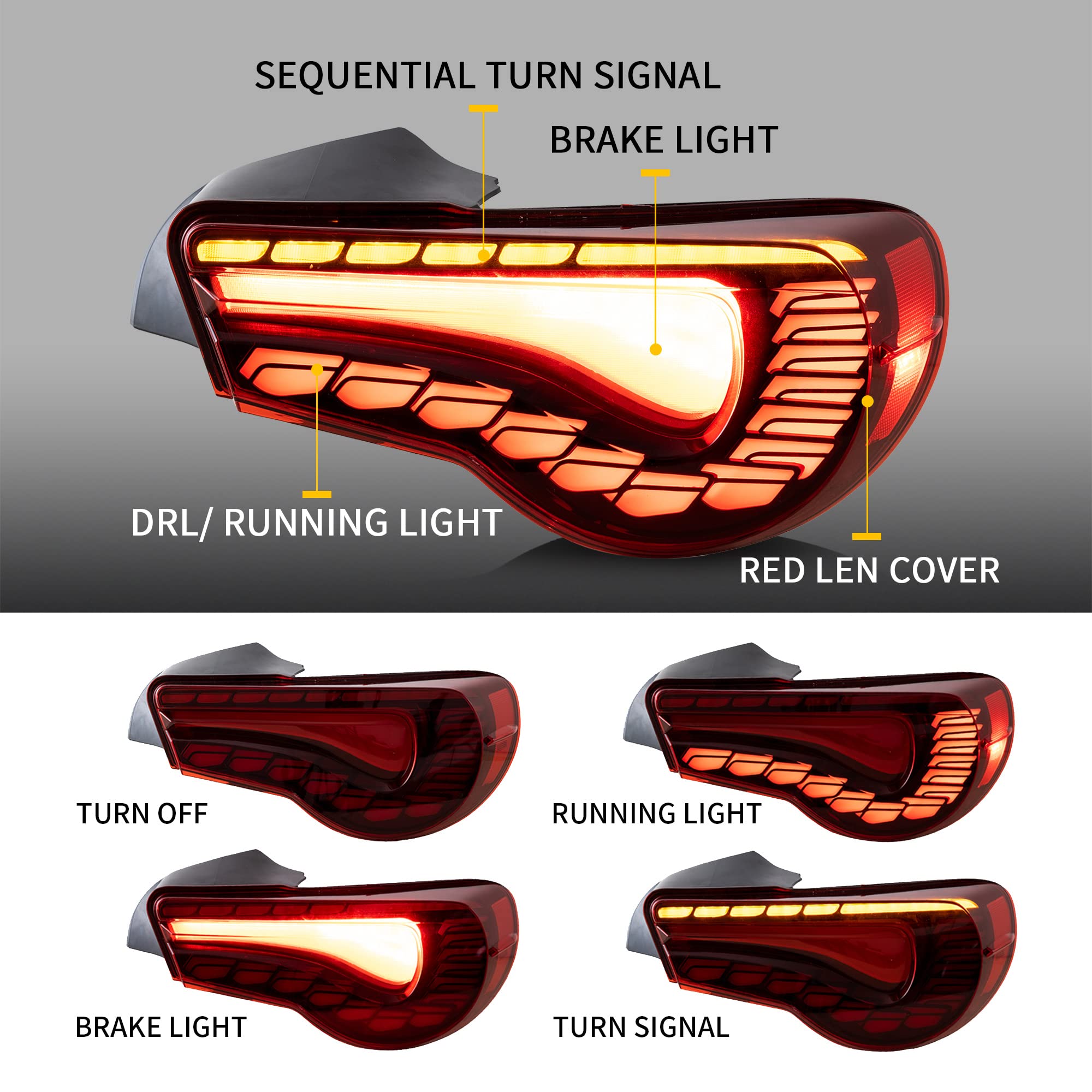 VLAND OLED Red Tail Lights for Toyota 86 GT86 2012-2020, Subaru BRZ 2013-2020, Scion FR-S 2013-2020 - Dragon Scales Dynamic Running Lights with Sequential Turn Signals - Perfect for Car Enthusiasts & Night Driving Upgrades