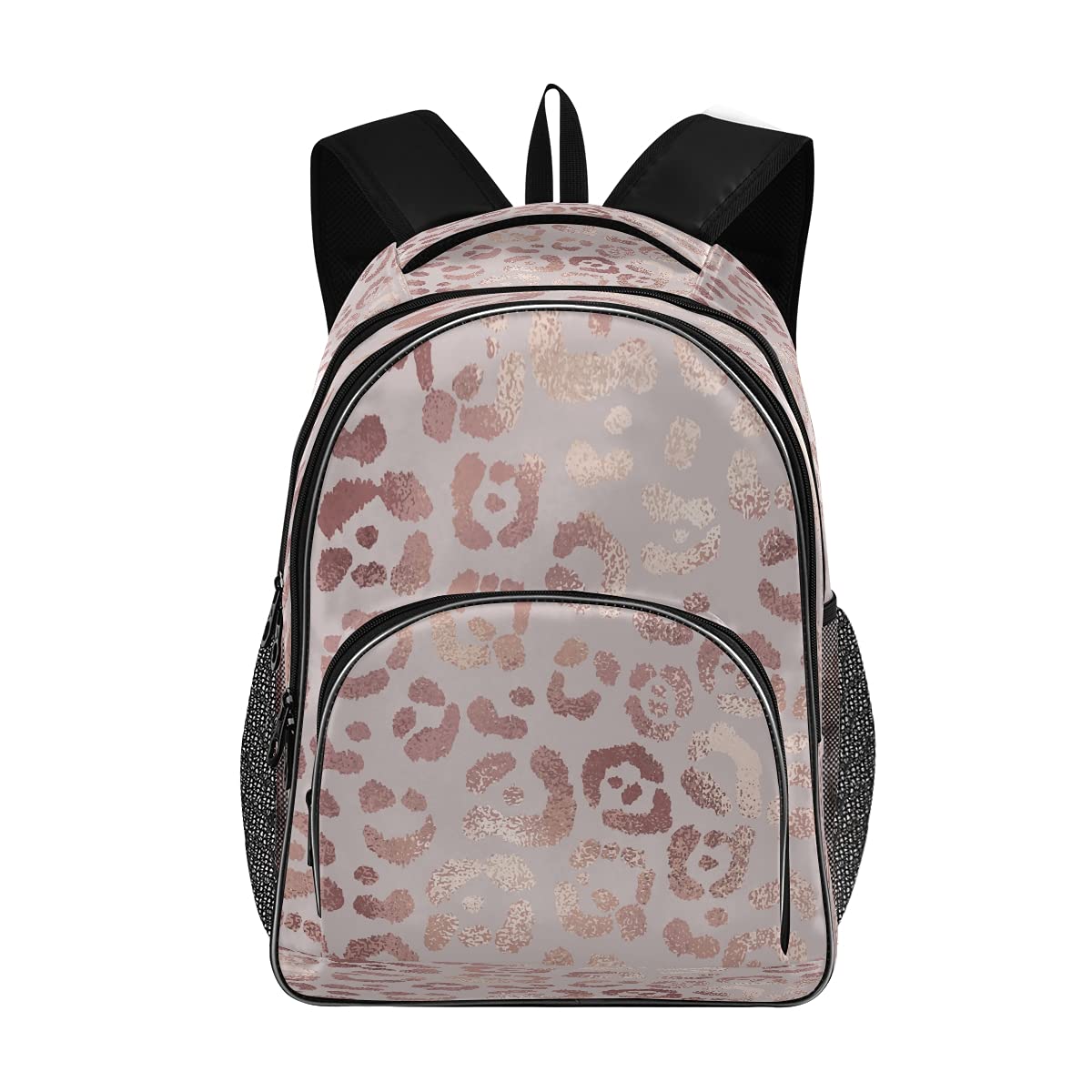 Stylish Leopard Print Rose Gold Backpack for School - Durable Bookbag with Water Bottle Pocket & Laptop Compartment - Perfect for College, Travel & Daily Commute