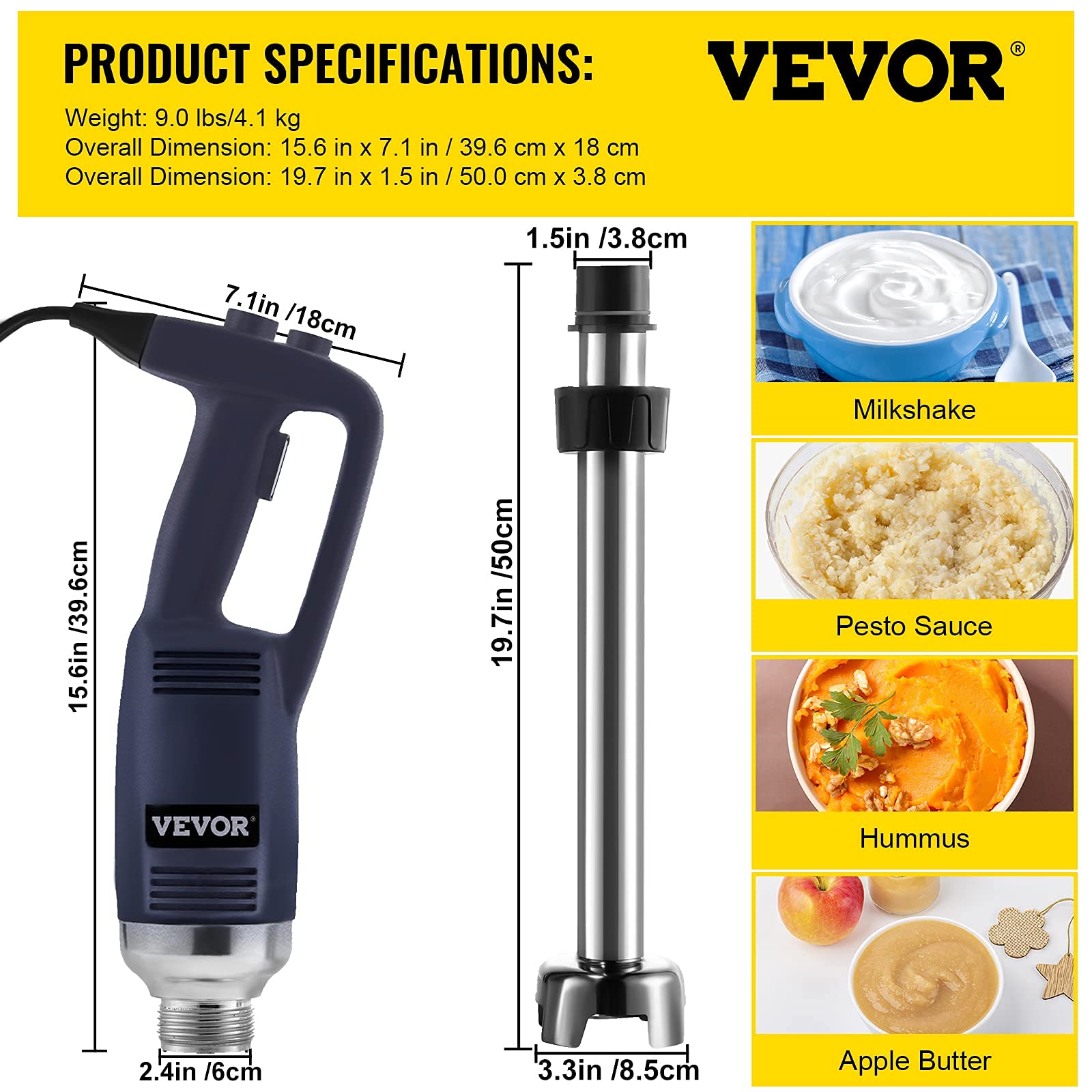 VEVOR 750W Commercial Immersion Blender - Variable Speed Heavy Duty Hand Blender with 304 Stainless Steel Shaft (19.7