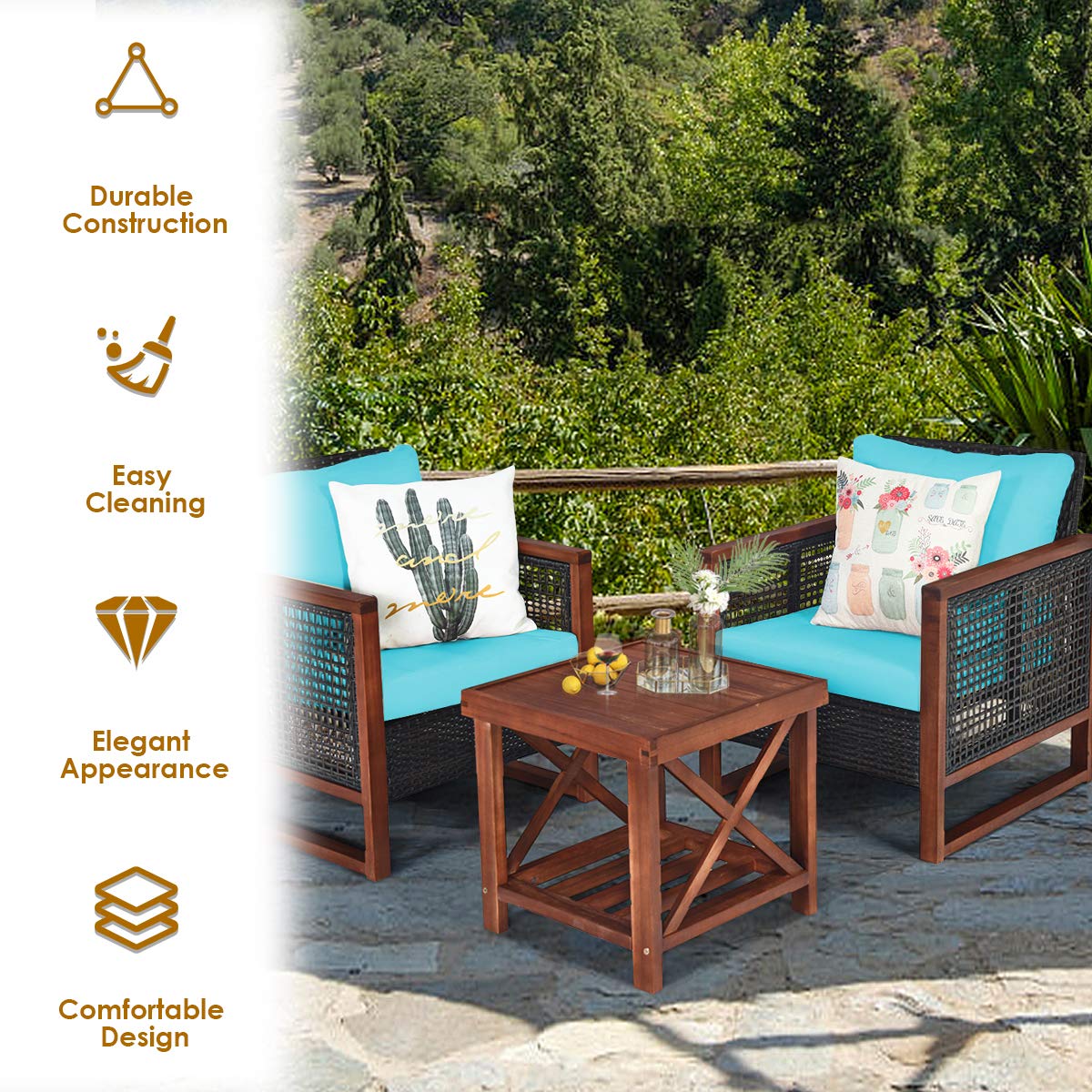 HappyGrill 3-Piece Outdoor Patio Furniture Set - Wicker Chairs with Coffee Table, Acacia Wood Frame & Washable Cushions - Perfect for Garden, Poolside, Backyard, Balcony & Porch Relaxation