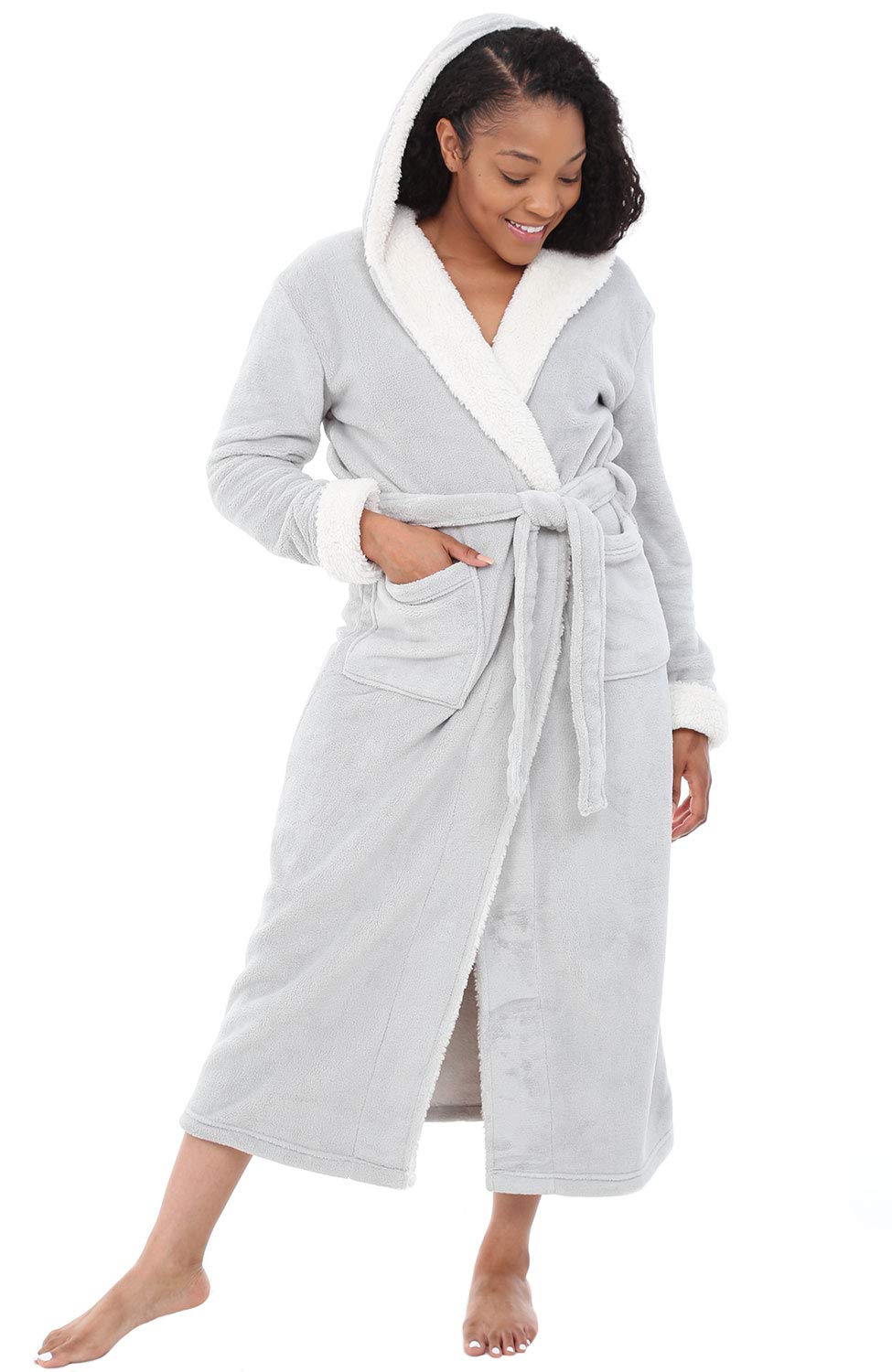 Alexander Del Rossa Women's Long Sherpa Robe - Soft Hooded Bathrobe for Winter, Plus Size Cozy Loungewear - Perfect for Spa Days, Relaxing at Home & Cold Weather Comfort