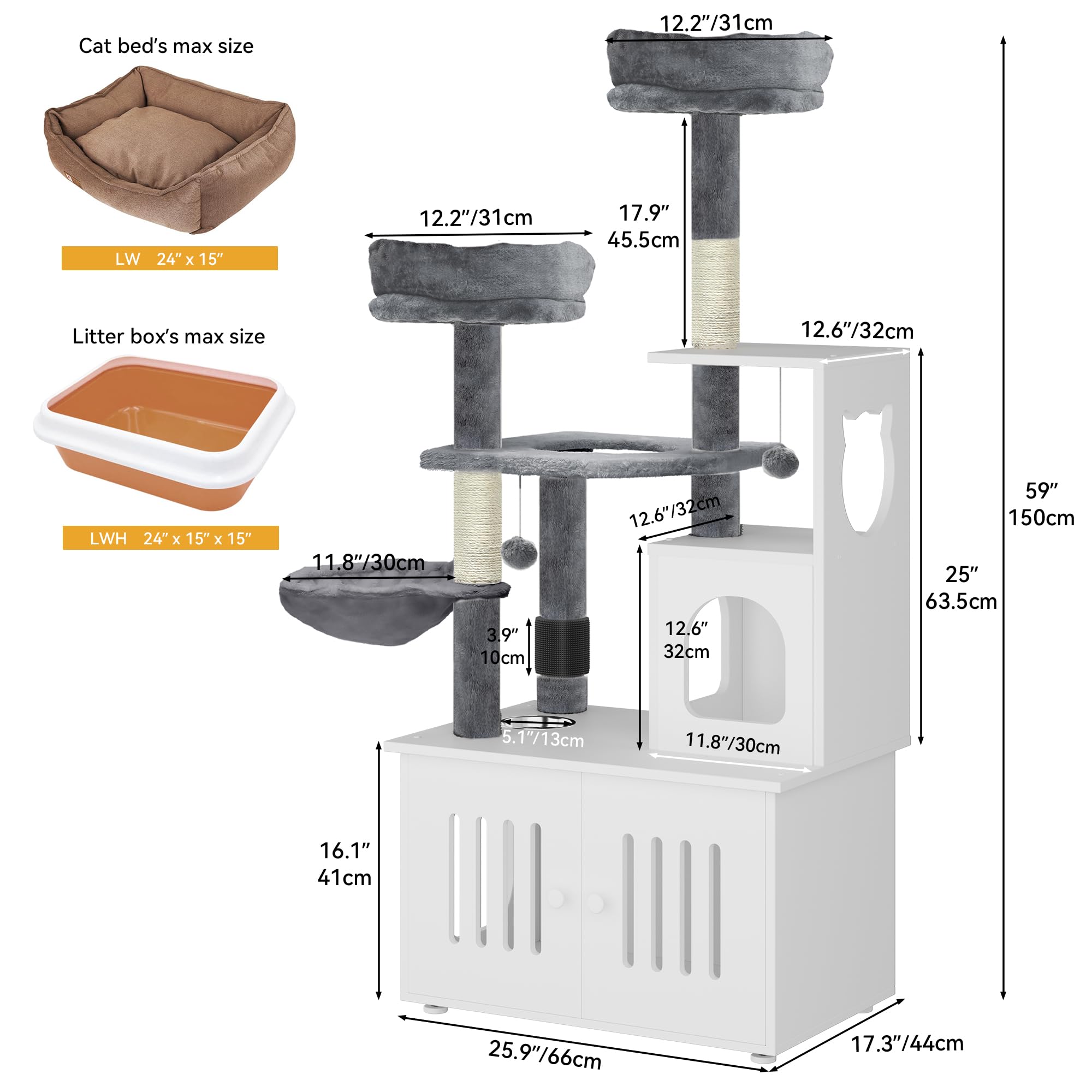 YITAHOME 59 Inch 2-in-1 Cat Tree with Litter Box Enclosure - Modern Cat Condo Tower with Wood House, Perch, Food Station, Hammocks & Scratching Post - Indoor Cat Furniture for Small Spaces & Multi-Cat Homes (White) - Perfect for Apartments, Living Rooms & Pet Play Areas