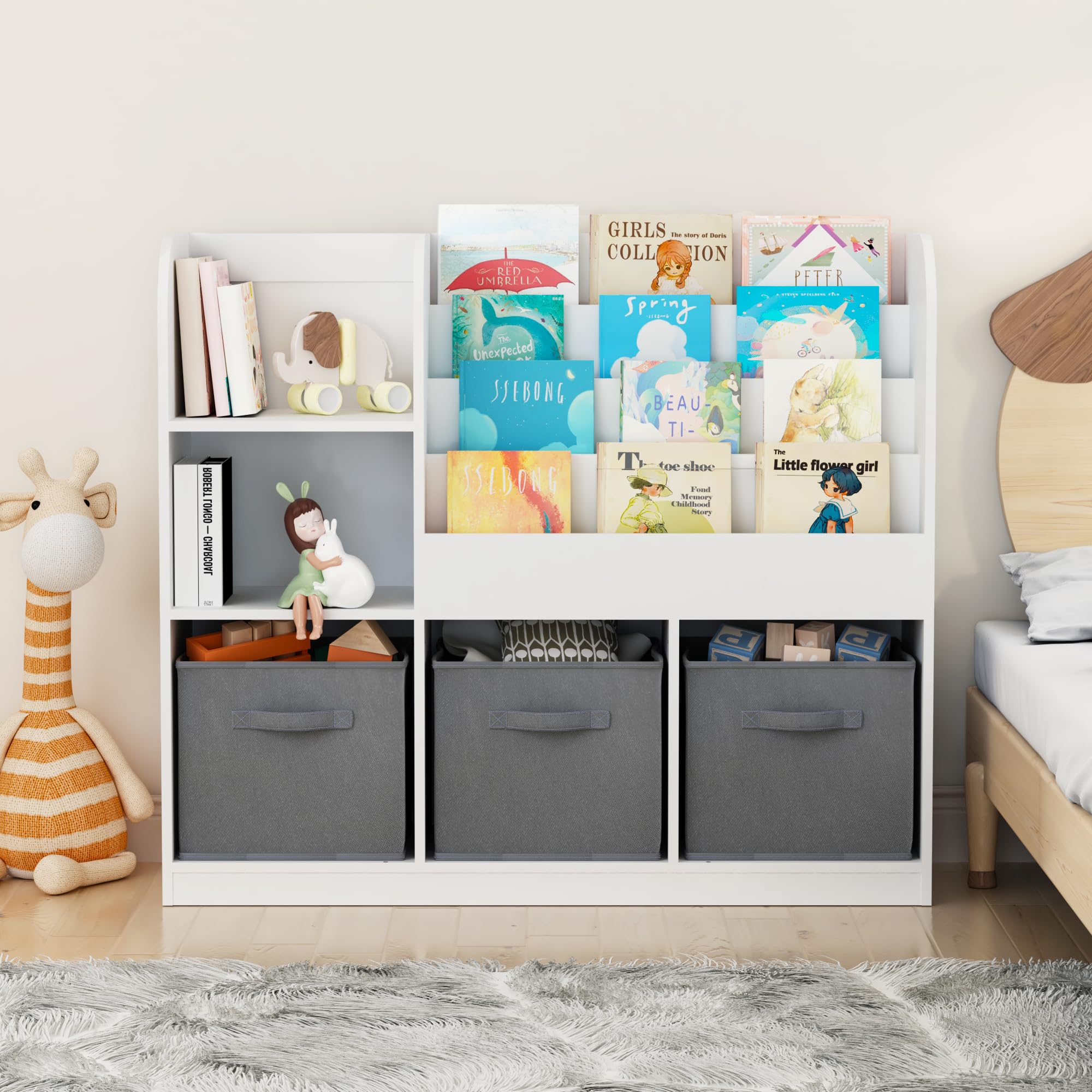 CCKO Kids Bookcase with 3 Movable Fabric Drawers - Multifunctional Bookshelf & Toy Storage Organizer for Nursery, Playroom, Bedroom - White/Gray Display Shelf for Books, Toys & Room Decor