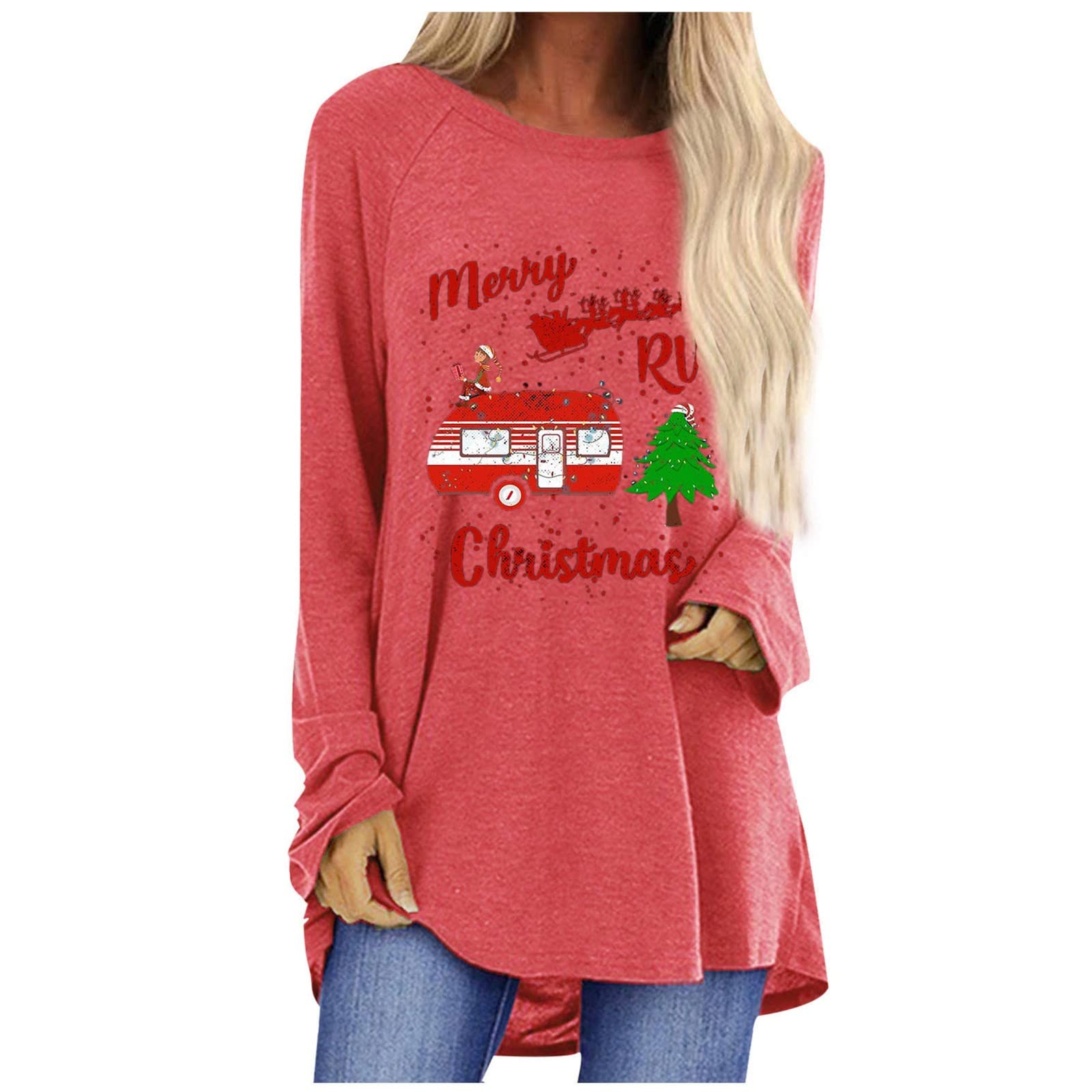 MEIBAN Women's Casual Long Sleeve Blouse - Round Neck Loose Fit Printed Top for Spring & Christmas | Perfect for Office, Party & Holiday Outfits